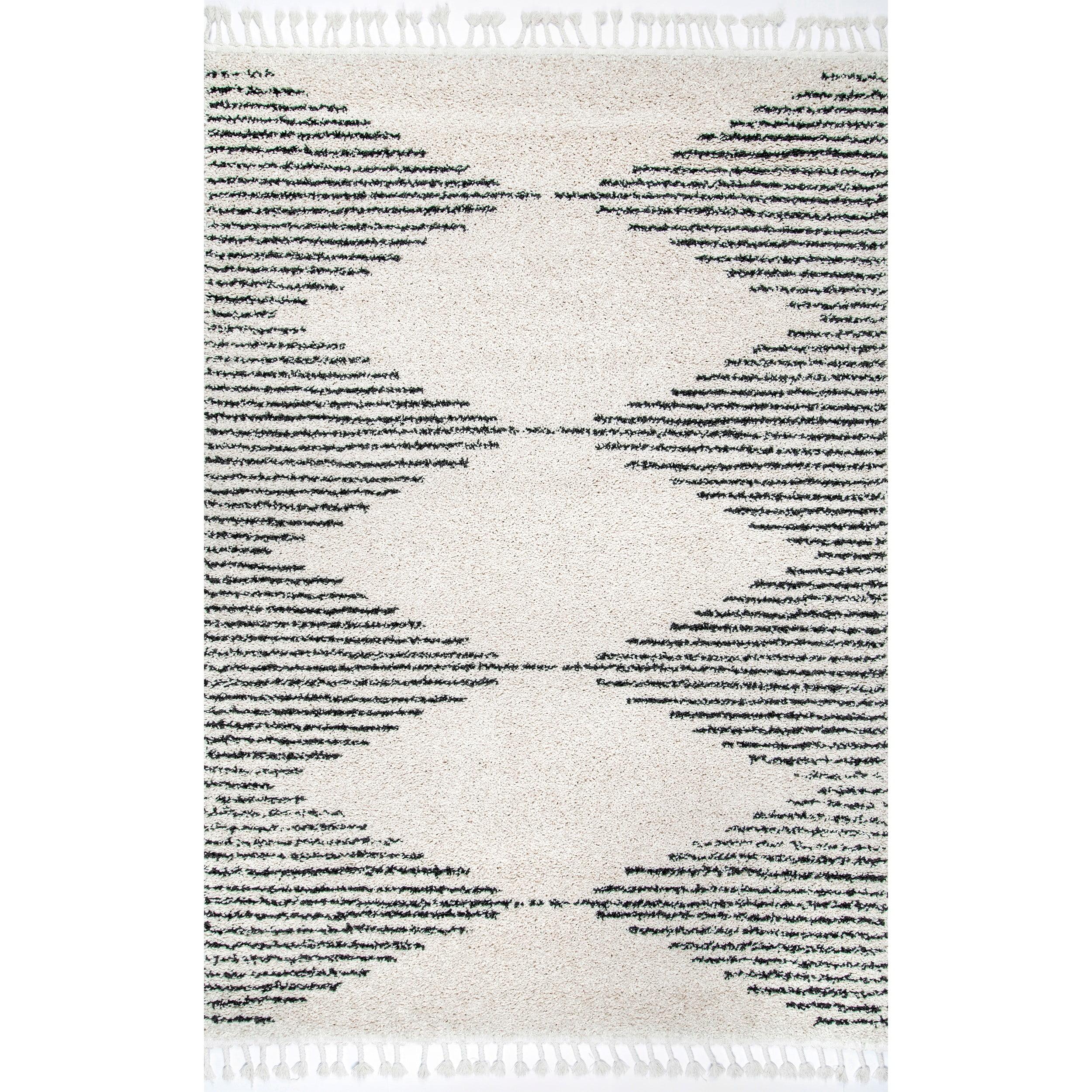 Cozy Moroccan Shag Square Area Rug with Braided Tassels, White