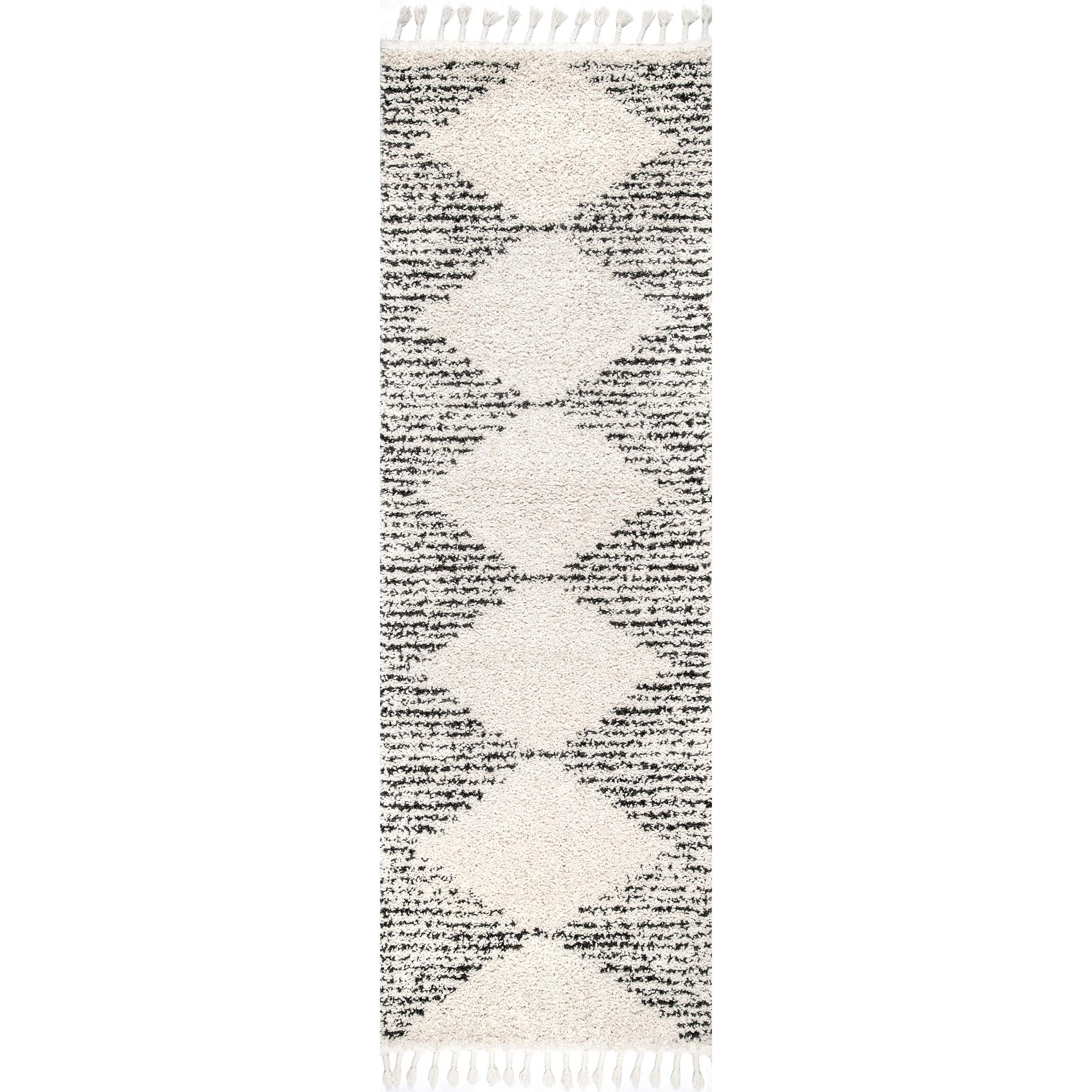 Off-White Synthetic Moroccan Diamond Shag Runner Rug with Braided Tassels