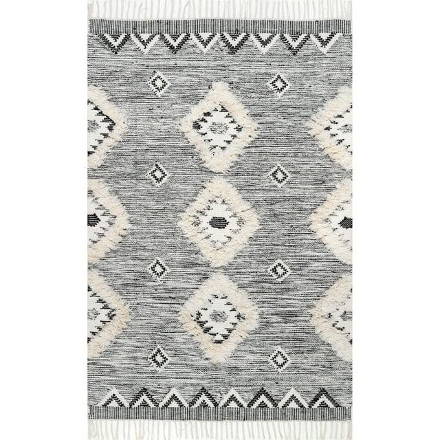 Nuloom Savannah Diamond 8 Square Wool Indoor Area Rug for Living Room Bedroom Dining Room Kitchen, Black/Ivory