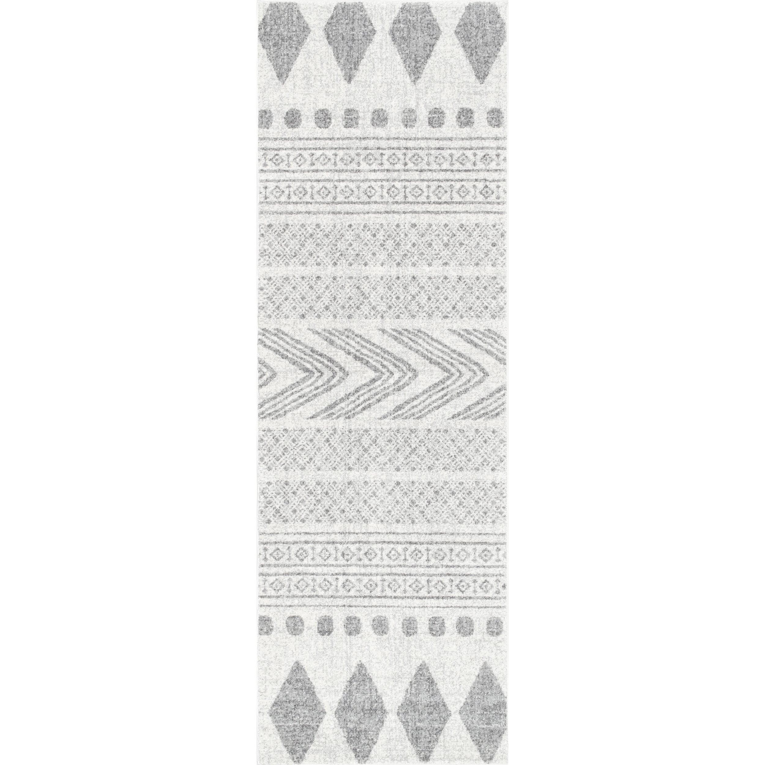 Geometric Gray Synthetic Easy-Care Runner Rug, 2' 8" x 8'