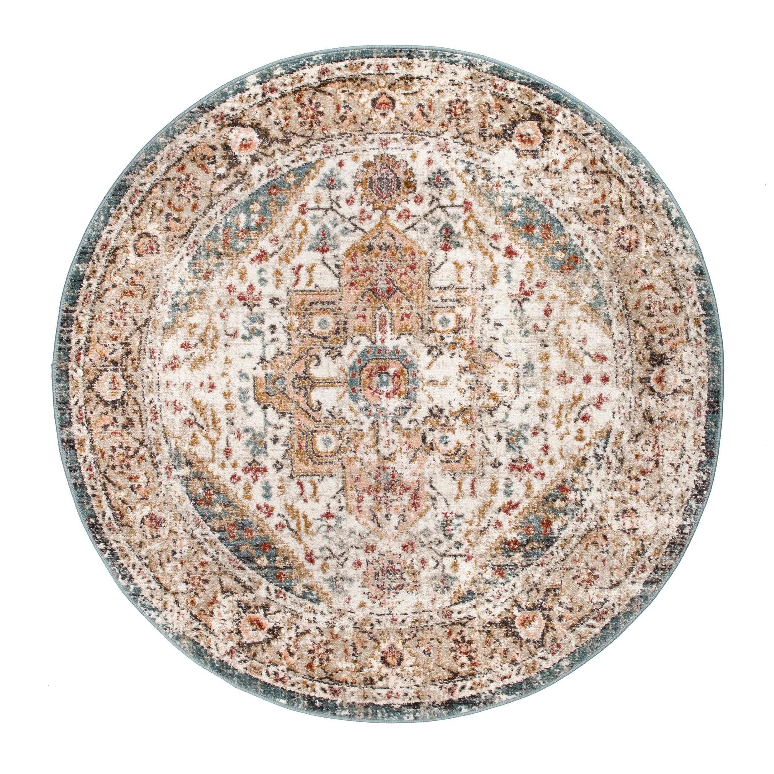 Nuloom 5 Round Justine Vintage Medallion Indoor Area Rug, Beige, Faded Persian Design, Stain Resistant, BedroomLiving Room, Kitchen,