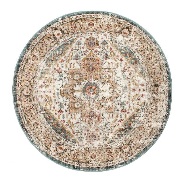 Nuloom 5 Round Justine Vintage Medallion Indoor Area Rug, Beige, Faded Persian Design, Stain Resistant, BedroomLiving Room, Kitchen,