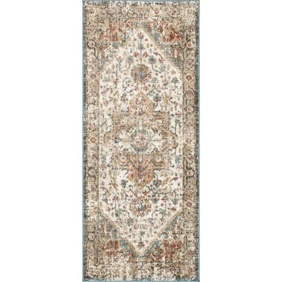 Nuloom 2x8 Justine Vintage Medallion Indoor Area Rug, Beige, Faded Persian Design, Stain Resistant, BedroomLiving Room, Kitchen,
