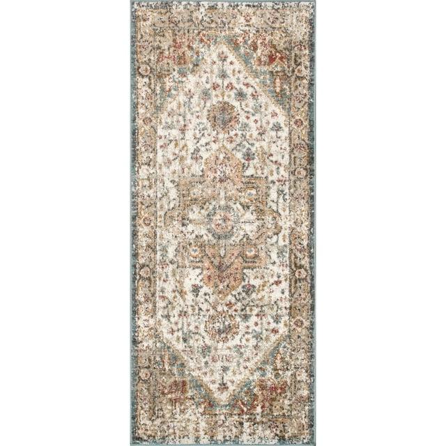 Nuloom 2x8 Justine Vintage Medallion Indoor Area Rug, Beige, Faded Persian Design, Stain Resistant, BedroomLiving Room, Kitchen,