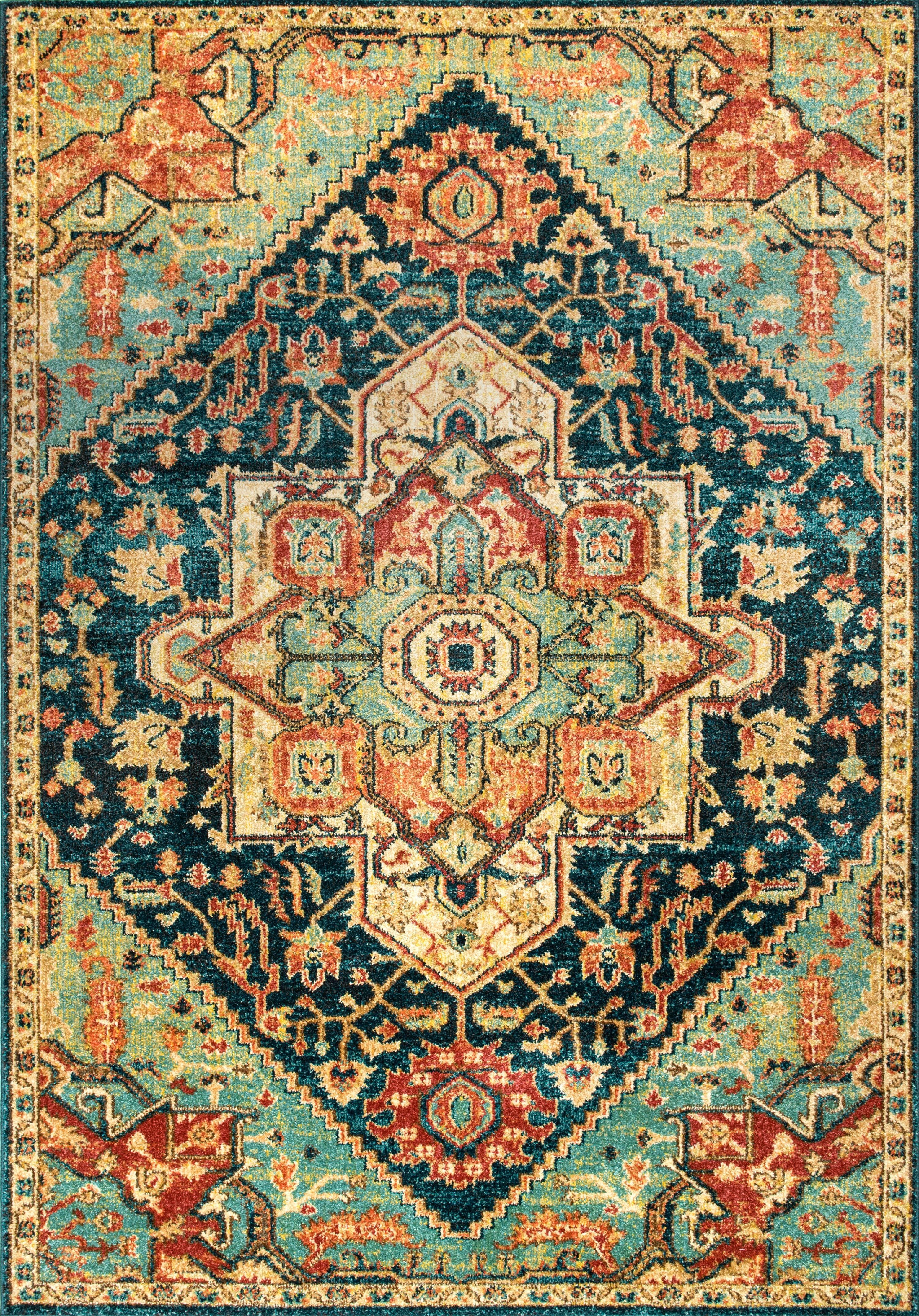 Tabetha Green and Multicolor Synthetic Medallion Area Rug 5' x 7'