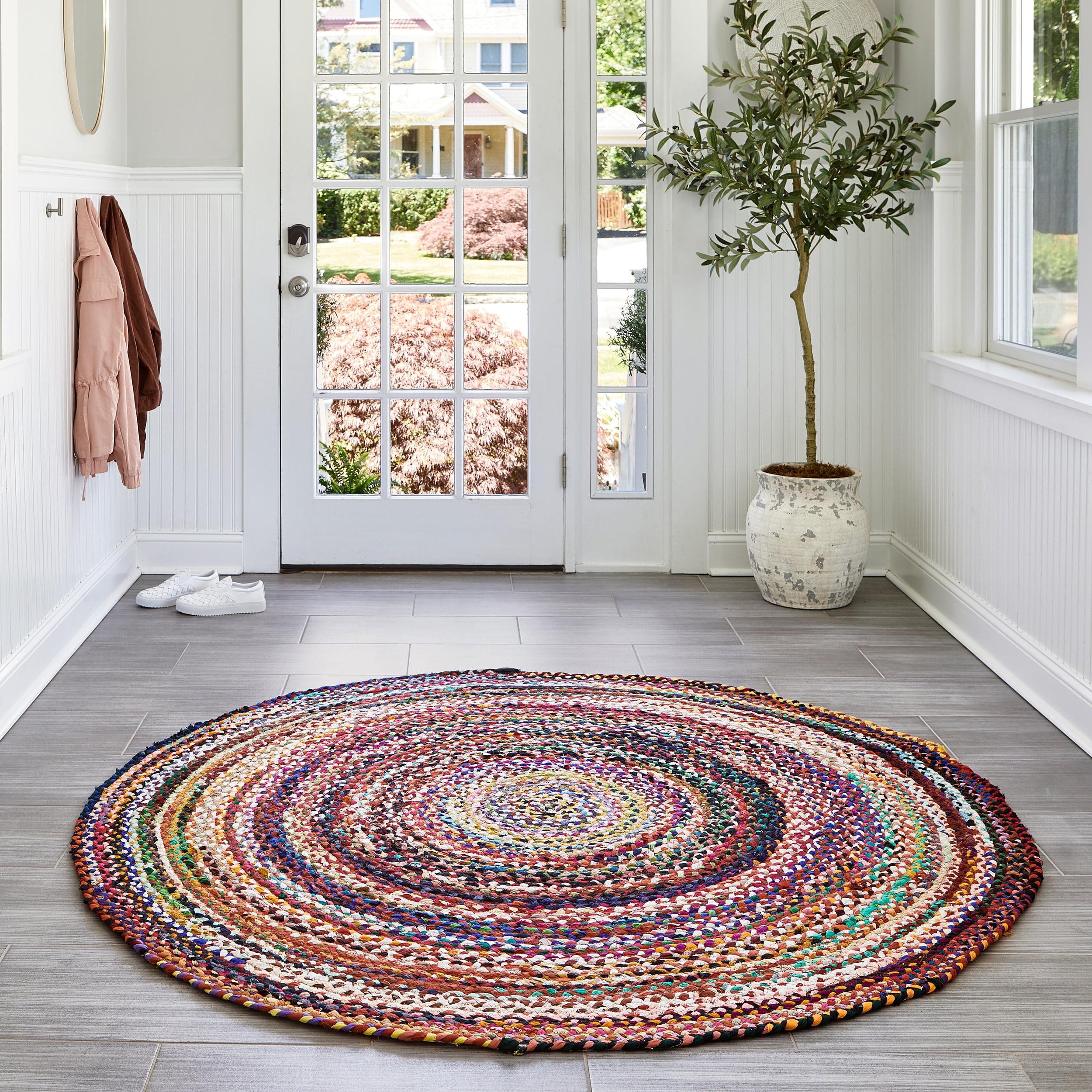 Handmade Bohemian Braided Cotton Round Rug, Blue Stripe, 4' Diameter