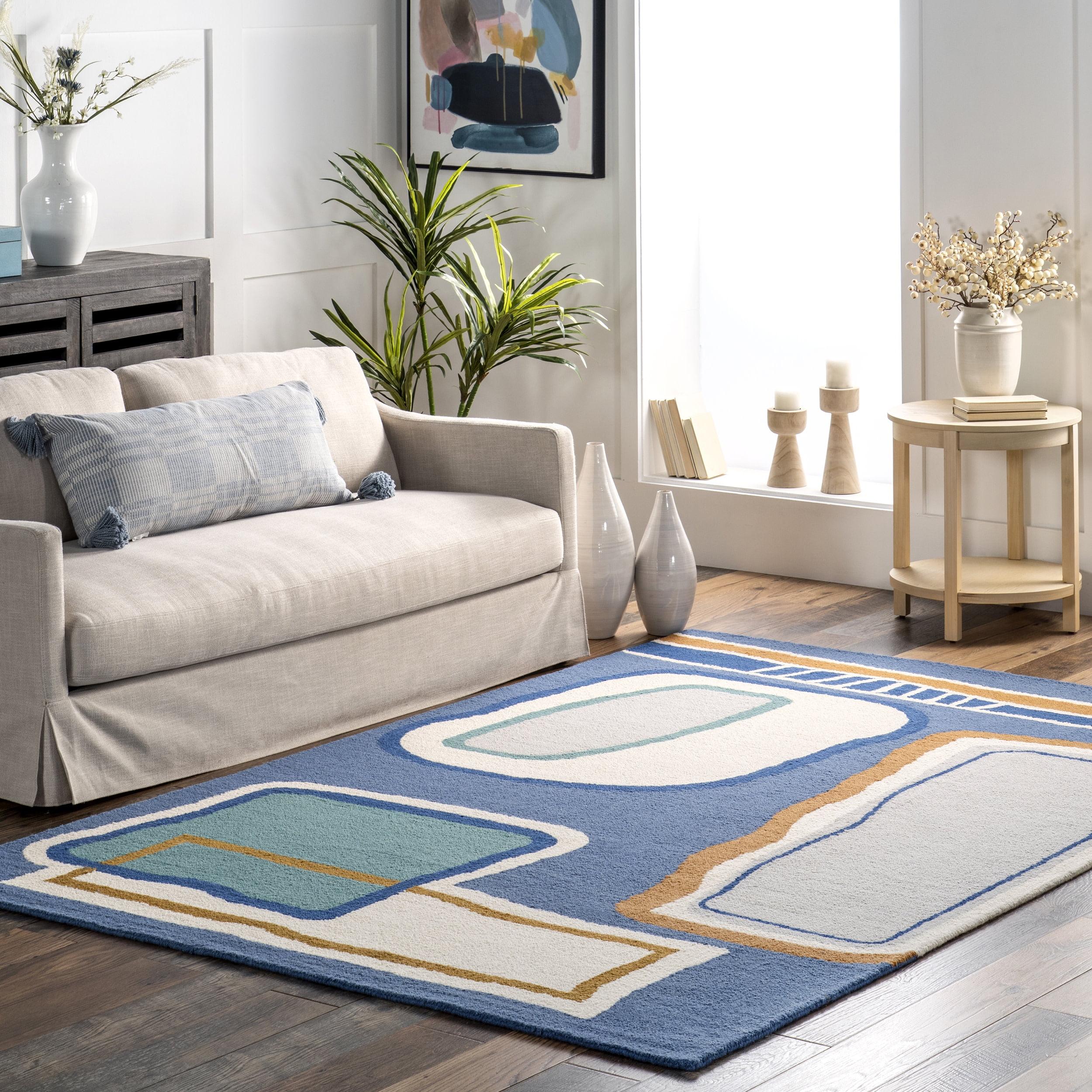 Nuloom Terica Abstract 4x6 Wool Indoor Area Rug for Living Room Bedroom Dining Room Kitchen, Blue/Ivory