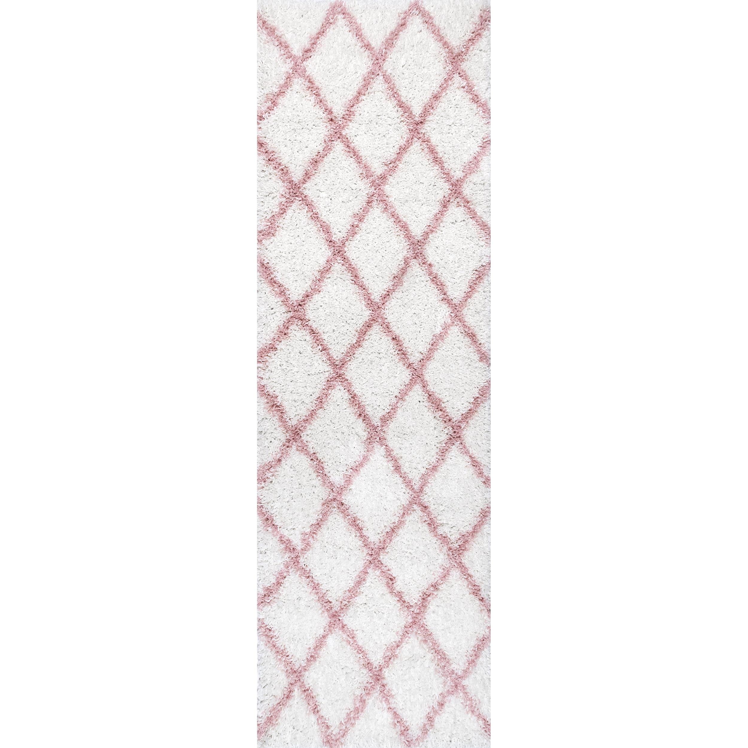 Nuloom Tess Geometric 2x8 Runner Shag Indoor Area Rug for Living Room Bedroom Dining Room Nursery Entryway Hallway, Pink/Ivory