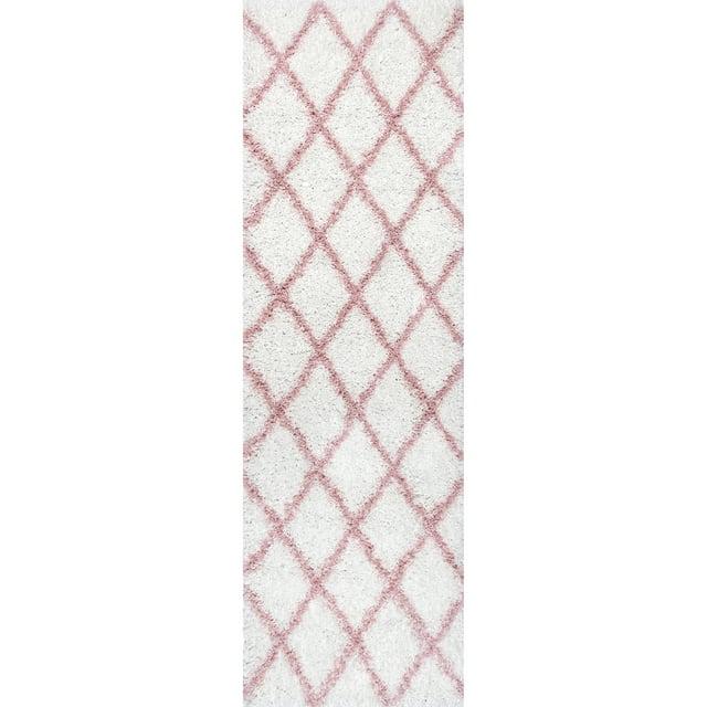 Nuloom Tess Geometric 2x8 Runner Shag Indoor Area Rug for Living Room Bedroom Dining Room Nursery Entryway Hallway, Pink/Ivory