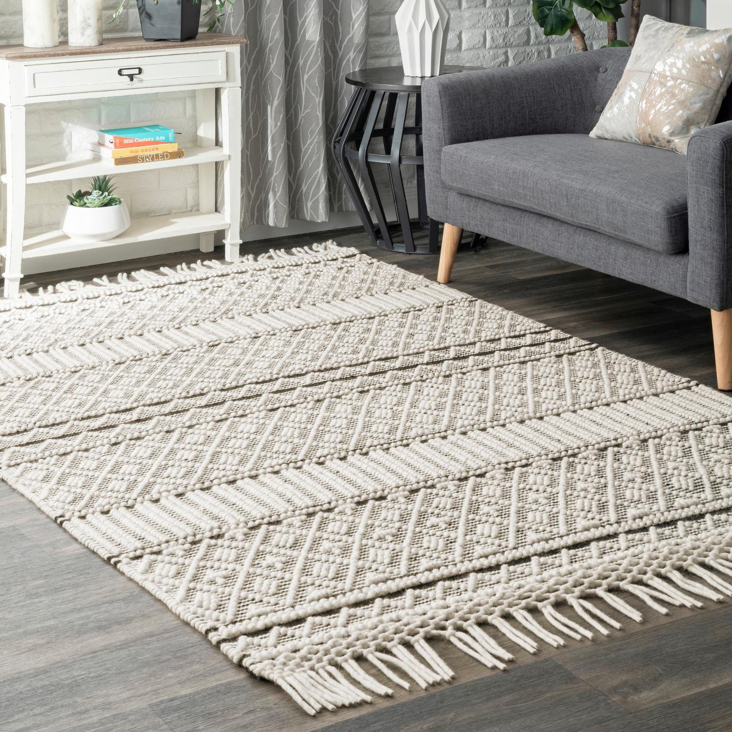 Ivory Flat Woven Wool Blend Rectangular Area Rug, 5' x 8'