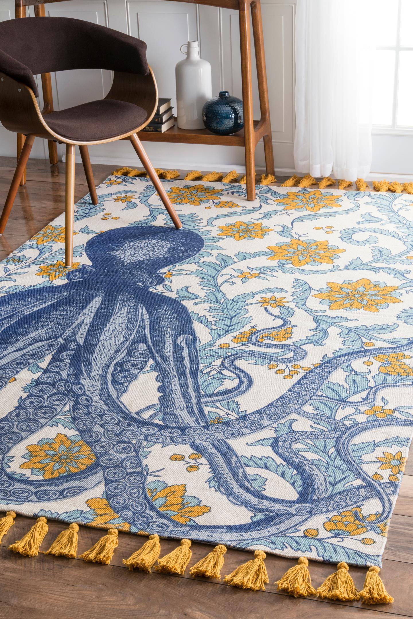 Multicolor Cotton Octopus Flatweave Area Rug with Tassels, 5' x 8'