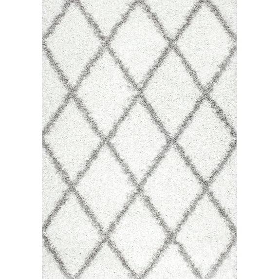 Nuloom Tess Trellis 8 Square Shag Indoor Area Rug for Living Room Bedroom Dining Room Nursery, White/Grey