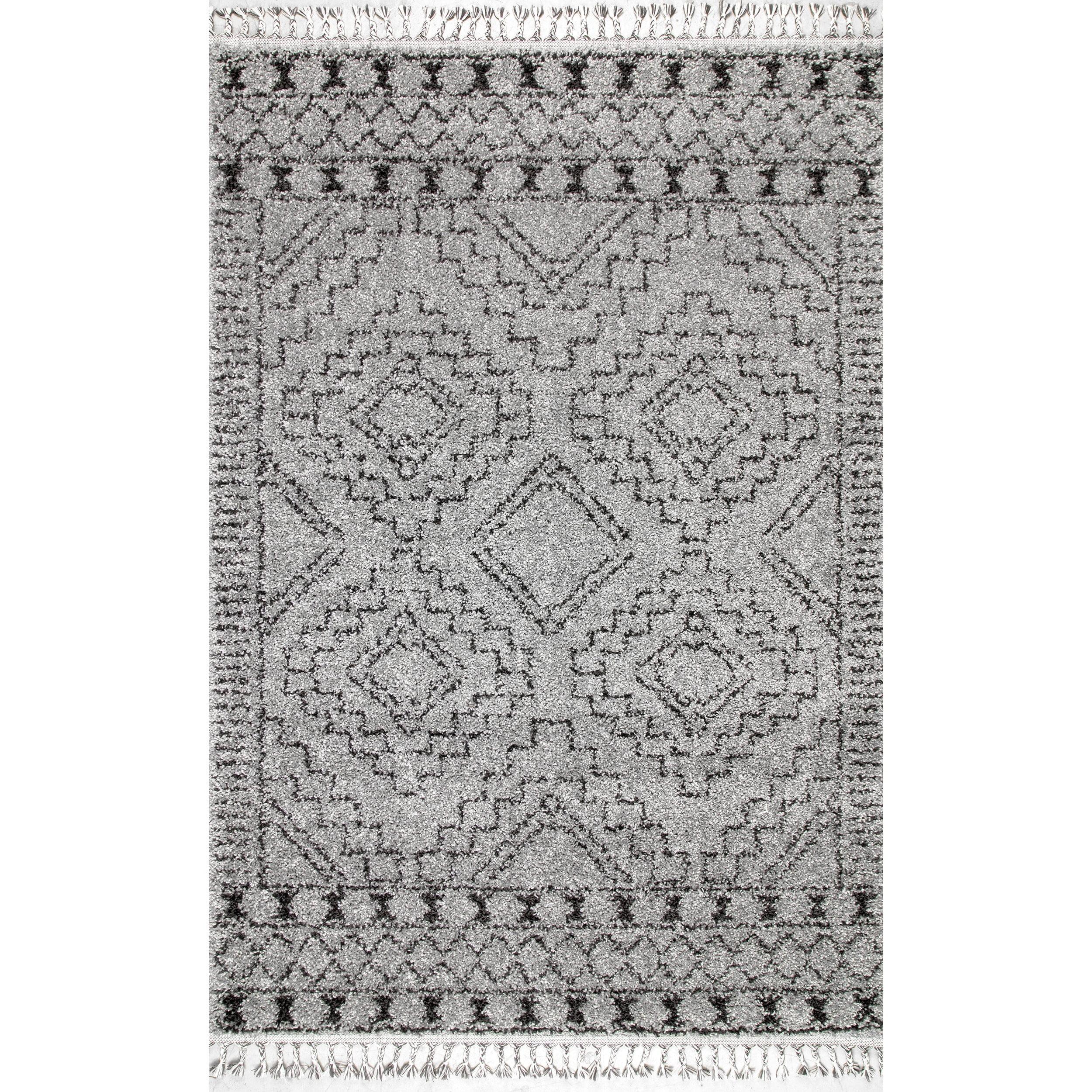 Tasseled Geometric Shag Area Rug in Gray, 12' x 15', Synthetic