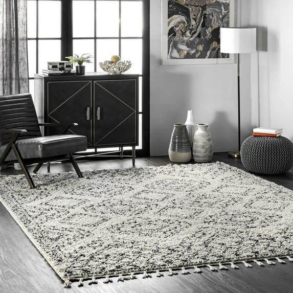 Nuloom Vasiliki Geometric 4x6 Shag Indoor Area Rug for Living Room Bedroom Dining Room Nursery, Off White/Charcoal