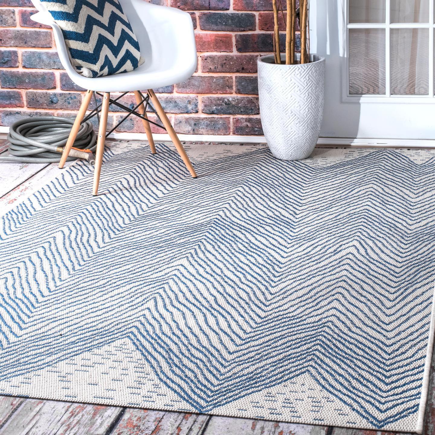 Dunham Abstract Indoor/Outdoor Area Rug for Living Room Patio Deck Front Porch Kitchen, Blue/Ivory