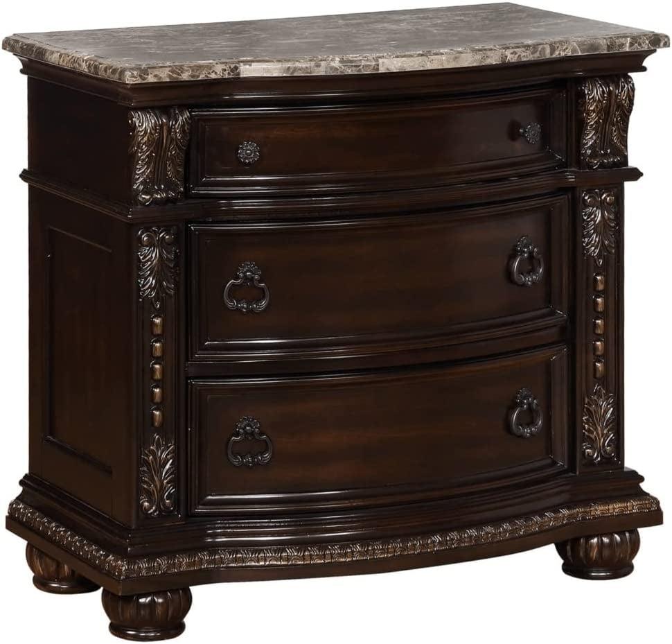 Classic Marble-Top Brown Wooden Nightstand with 3 Drawers