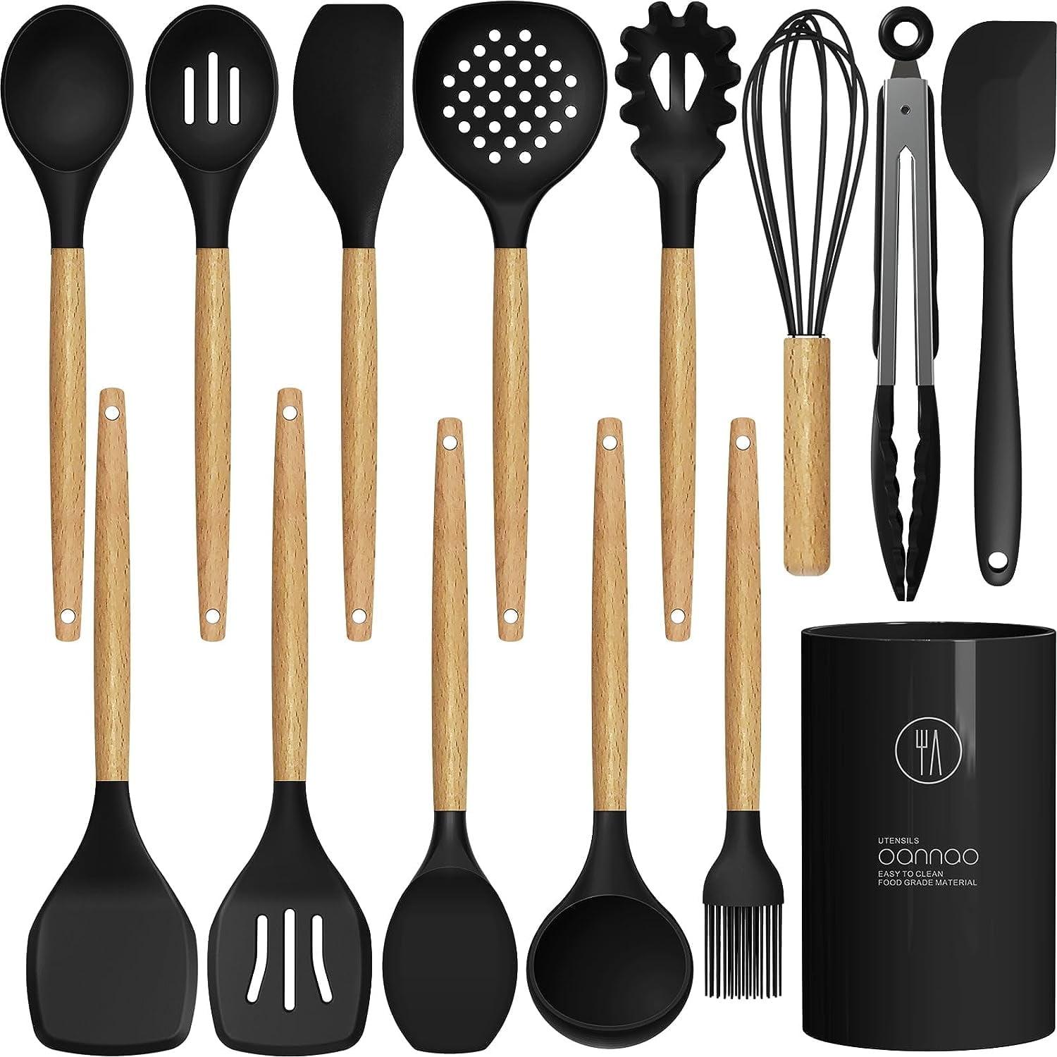 oannao Silicone Cooking Utensils Set - 446°F Heat Resistant Silicone Kitchen Utensils for Cooking,Kitchen Utensil Spatula Set w Wooden Handles,Holder, BPA FREE Gadgets for Non-Stick Cookware (Black)