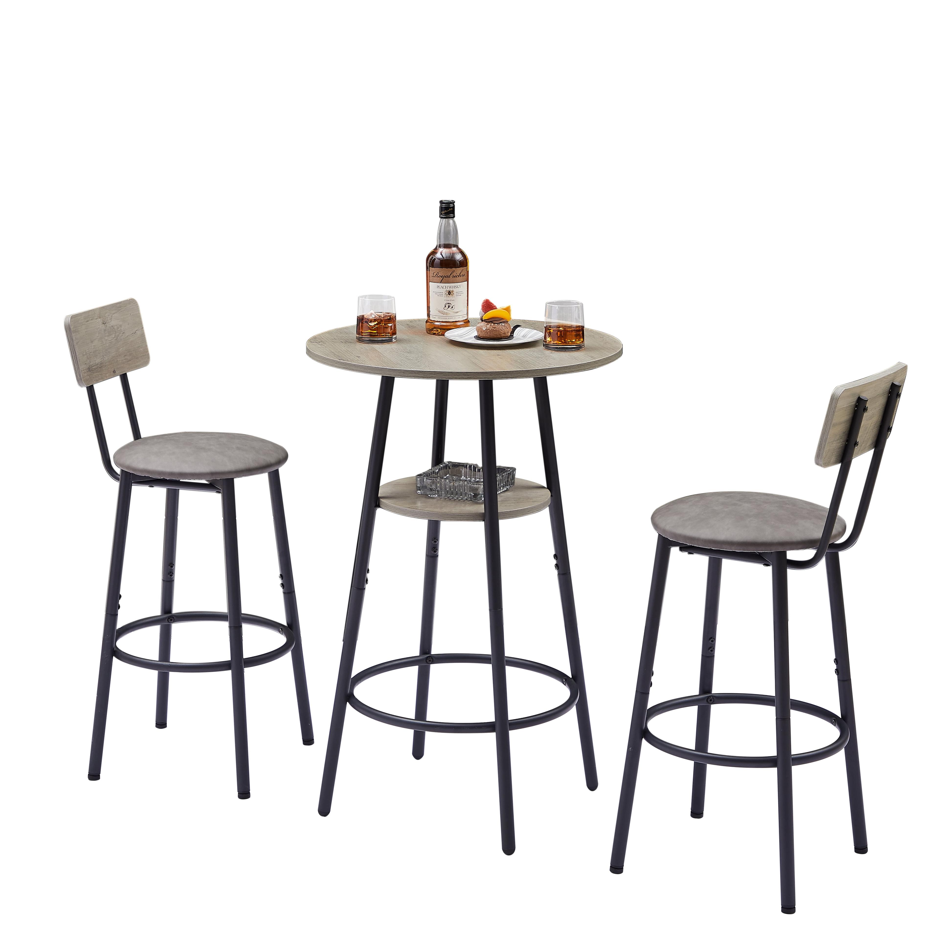 Kitchen Bar Table Set, 3-Piece Bar Table Set for Kitchen, Round Dining Room Set with 2 Upholstered Chairs, Gray Table and Chairs Dining Set for Pub Bistro Restaurant