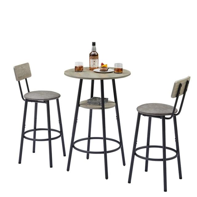 Kitchen Bar Table Set, 3-Piece Bar Table Set for Kitchen, Round Dining Room Set with 2 Upholstered Chairs, Gray Table and Chairs Dining Set for Pub Bistro Restaurant