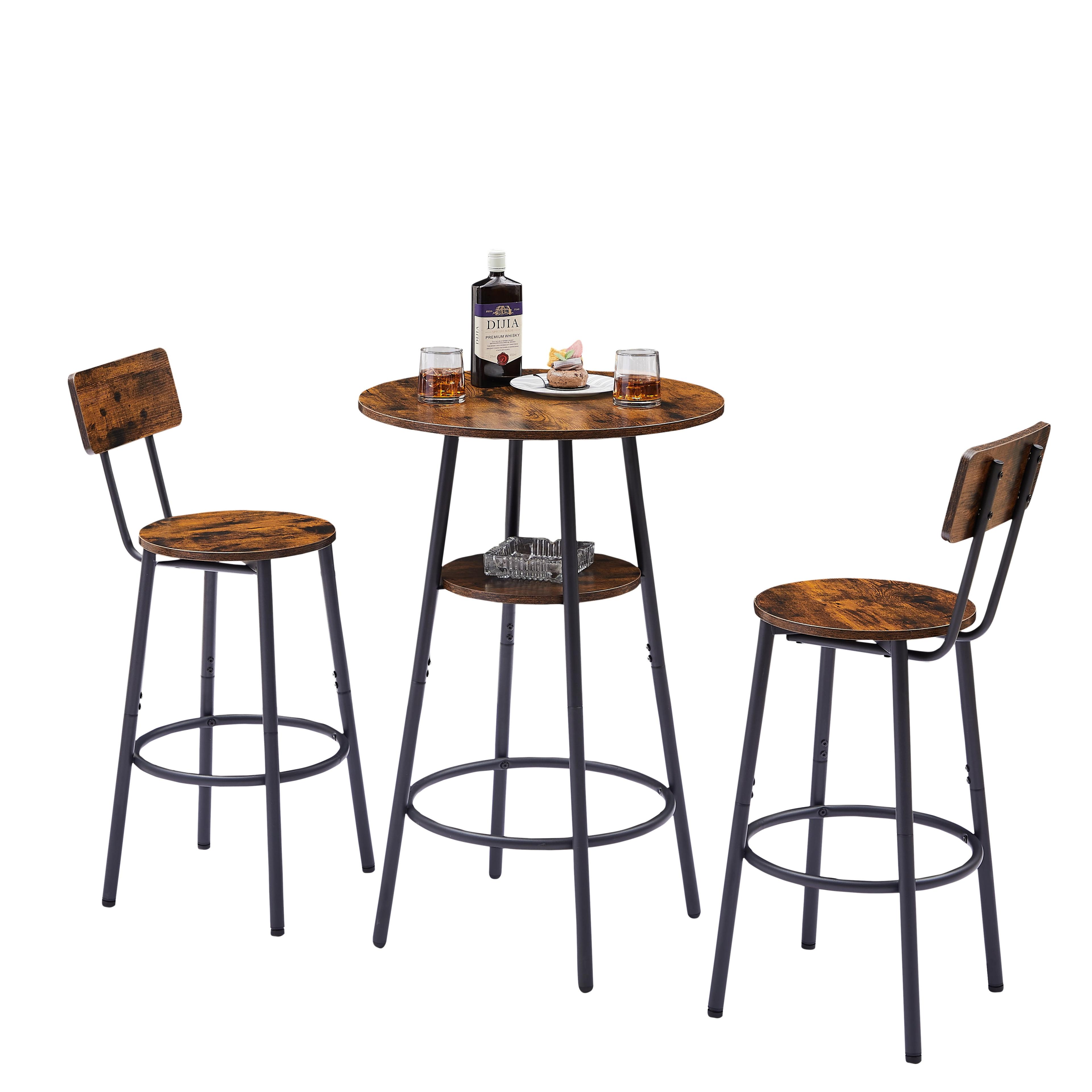 paproos Round Bar Table Set for 2, 3 Pcs Pub Bistro Table and PU Upholstered Stools with Backrest, Industrial Counter Height Dining Table and Chairs for Kitchen Breakfast Nook Balcony, Brown