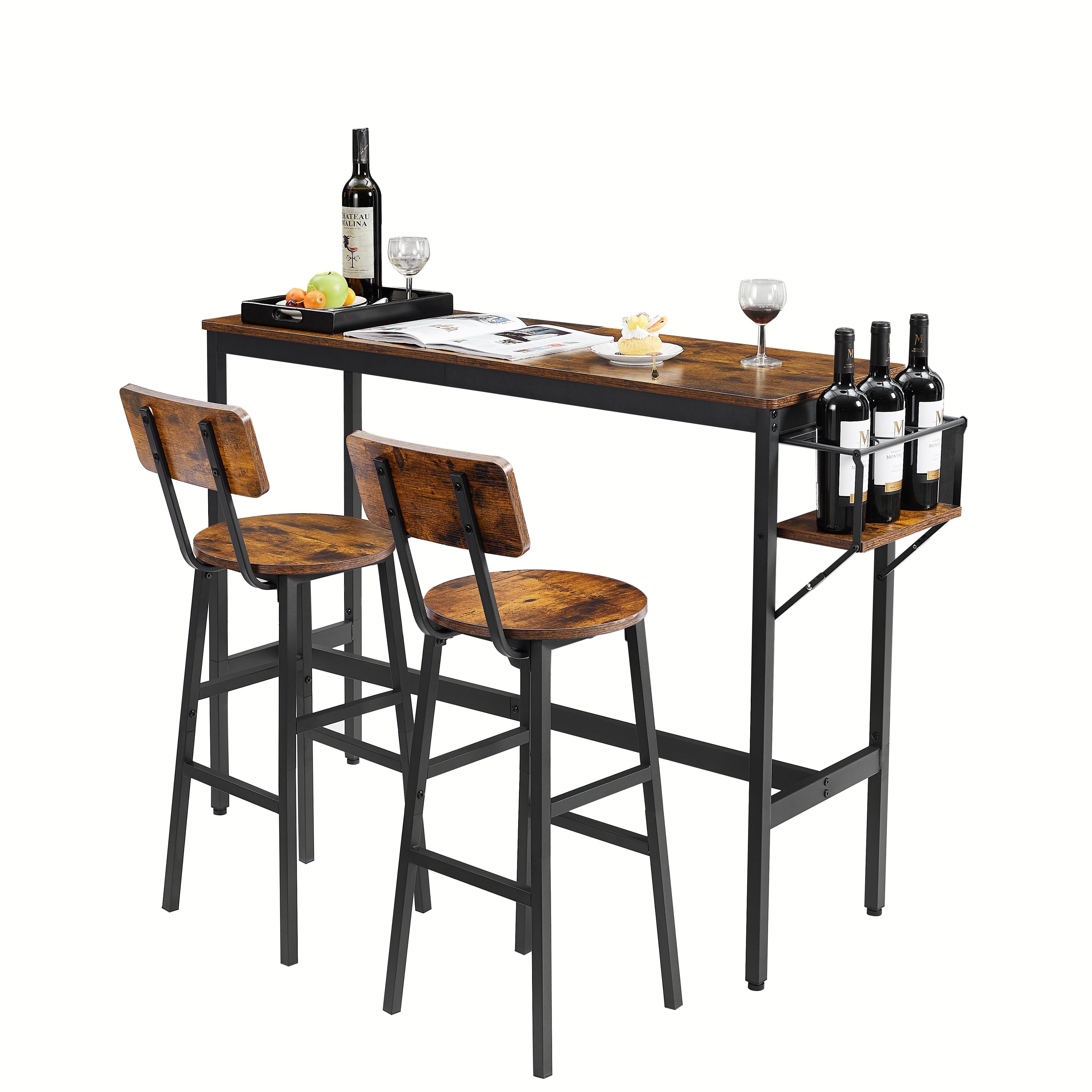 paproos Bar Table Set for 2, Pub Bistro Table and Upholstered Stools with Backrest, Counter Height Dining Table and Chairs Set with Collapsible Bottle Holder for Kitchen Breakfast Nook Balcony