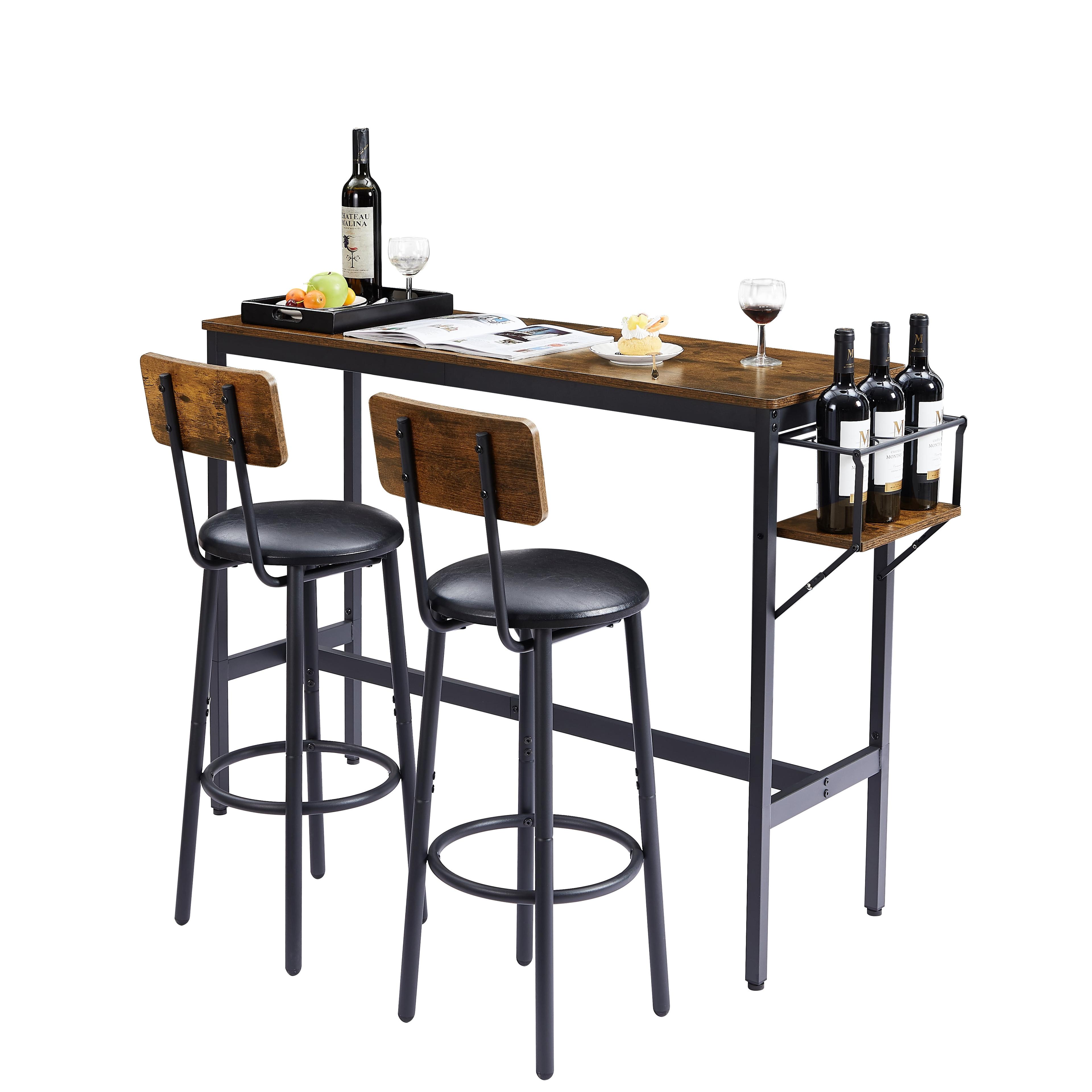 paproos Bar Table Set for 2, Pub Bistro Table and Upholstered Stools with Backrest, Counter Height Dining Table and Chairs Set with Collapsible Bottle Holder for Kitchen Breakfast Nook Balcony