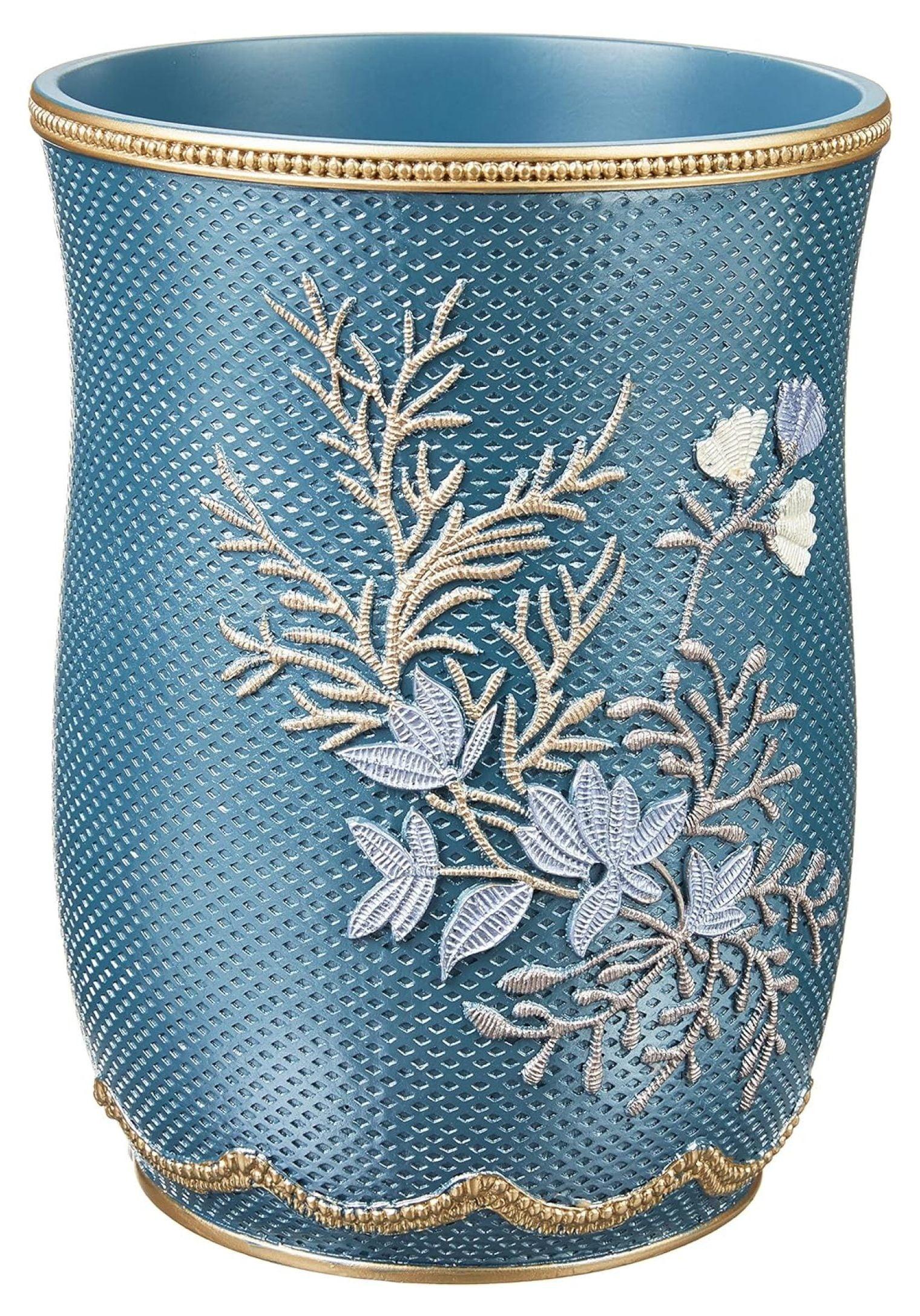 Slate Blue Floral Resin Bathroom Waste Basket