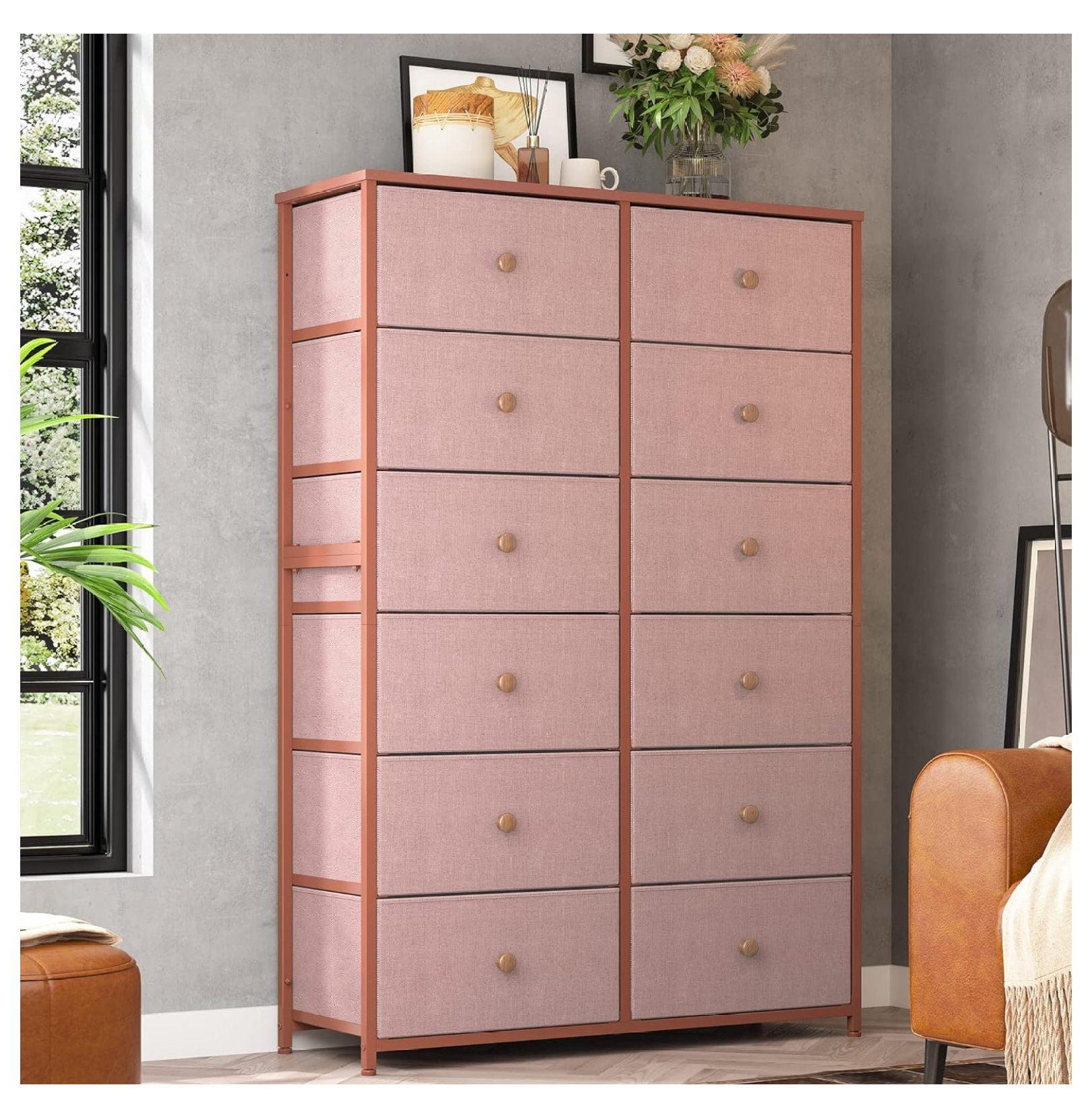 U-SHARE Pink Dresser for Girls Bedroom with 12 Drawers, Dresser for Bedroom with Sturdy Metal Frame and Wooden Top, Bedroom Dressers & Chests of Drawers for Bedroom, Nursery, Closet, Pink