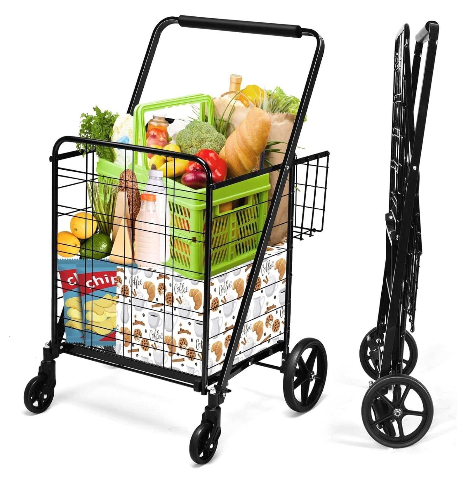 Tangkula Folding Shopping Cart Utility Trolley Grocery Cart with Wheels Black/ Silver