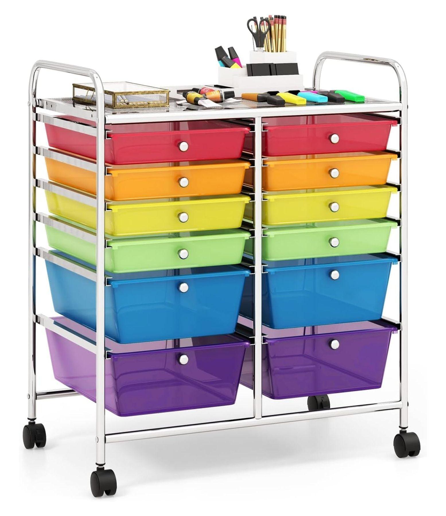 Storage Cart with 12 Drawers Rolling Wheels Semi-Transparent Multipurpose Mobile Rolling Utility Cart for School, Office, Home, Beauty Salon Files Arrangement Storage Organizer Cart, Multi-color