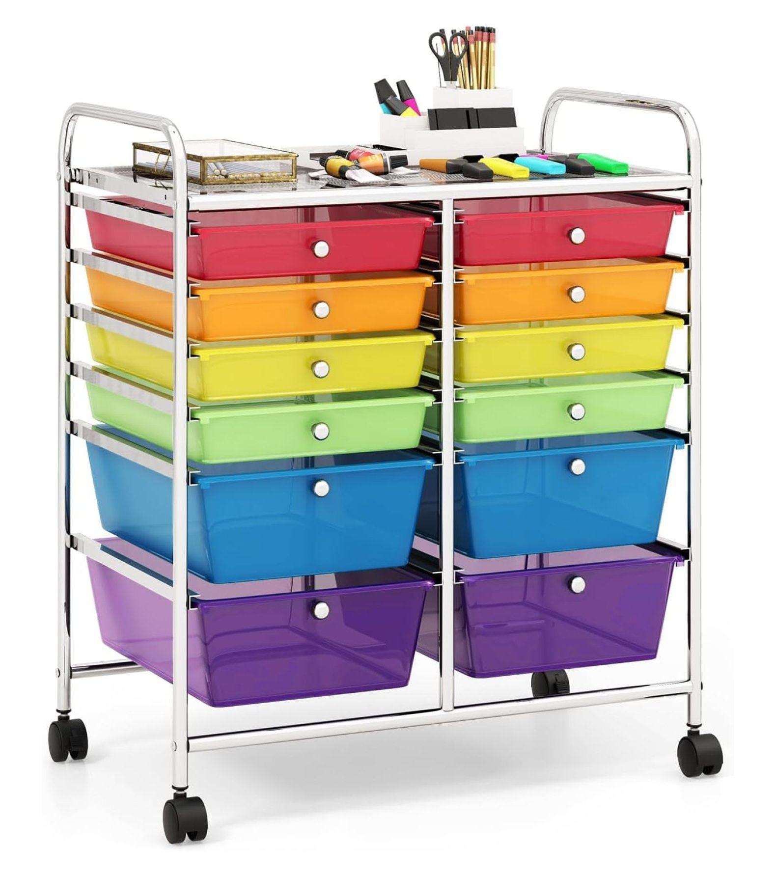 Storage Cart with 12 Drawers Rolling Wheels Semi-Transparent Multipurpose Mobile Rolling Utility Cart for School, Office, Home, Beauty Salon Files Arrangement Storage Organizer Cart, Multi-color