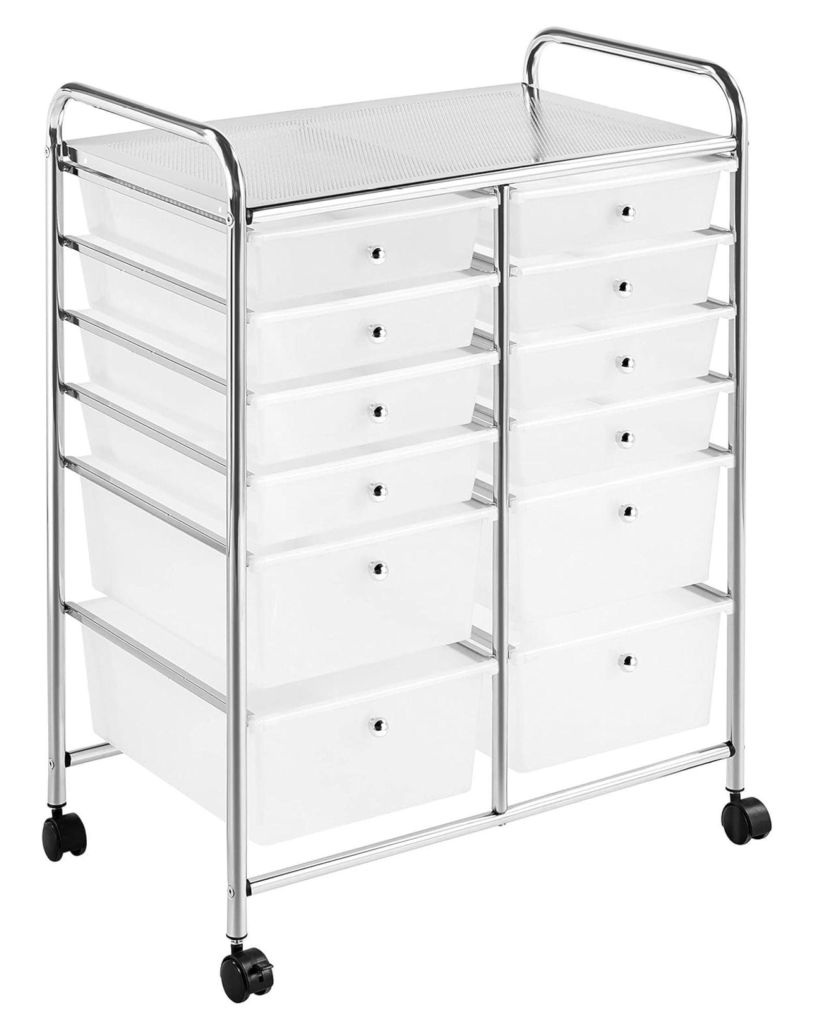 White 12-Drawer Rolling Storage Cart with Metal Frame