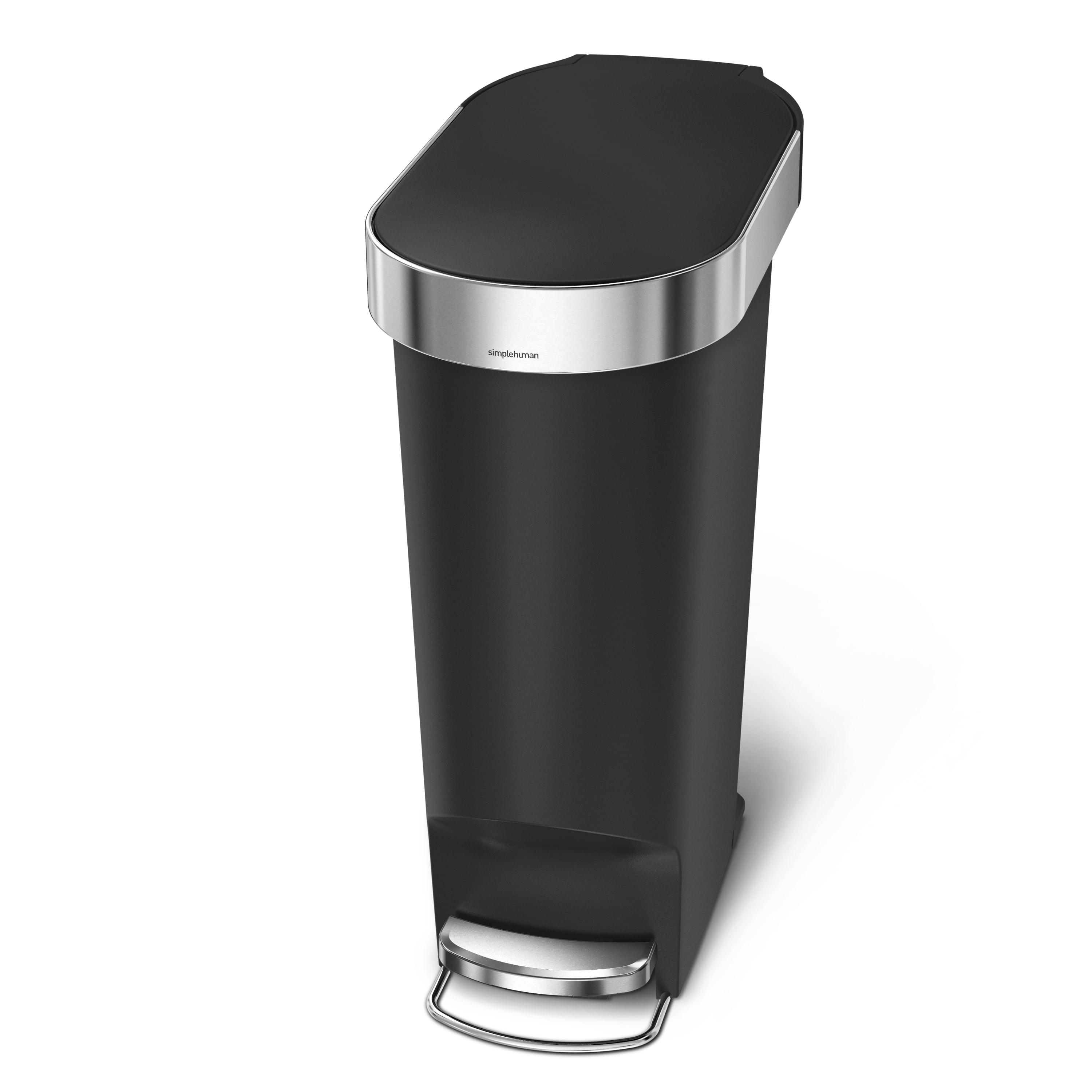 simplehuman 40L Slim Liner Rim Kitchen Step Trash Can Black Plastic: 10 Gallon Indoor Garbage Can, Spot Clean, 24.3" Height