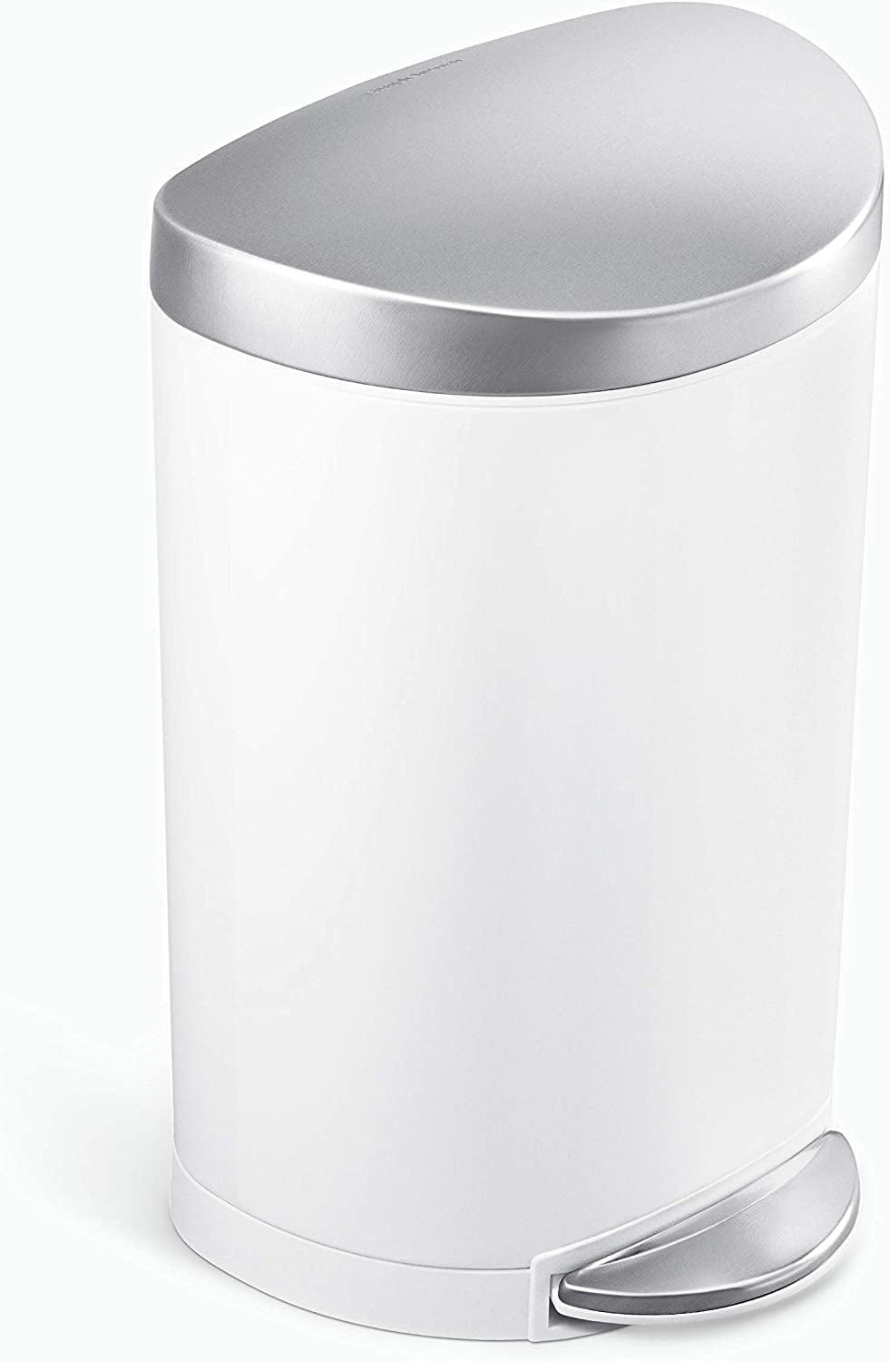 Simplehuman 6 Liter / 1.6 Gallon Semi-Round Bathroom Step Trash Can, White Steel