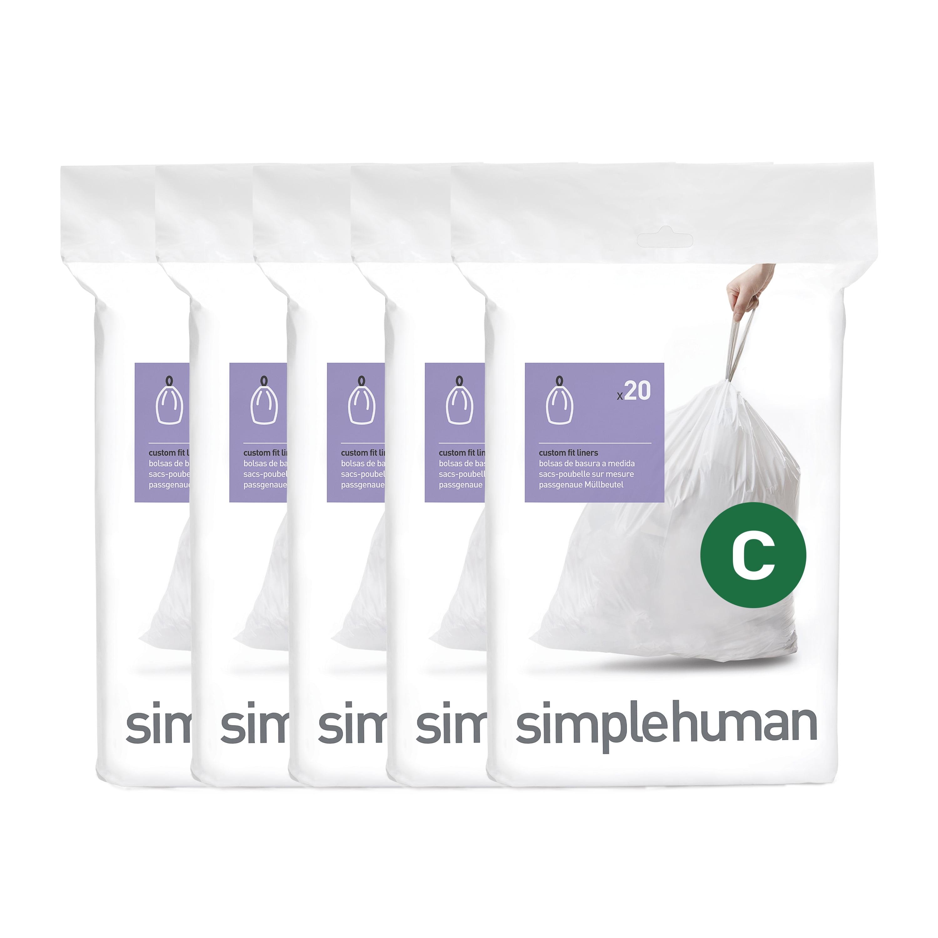 simplehuman 10-12L Code C Custom Fit Kitchen Trash Bag Liners 5 Quick-Dispense Packs - 100ct: Drawstring, White, 3.2 Gallon