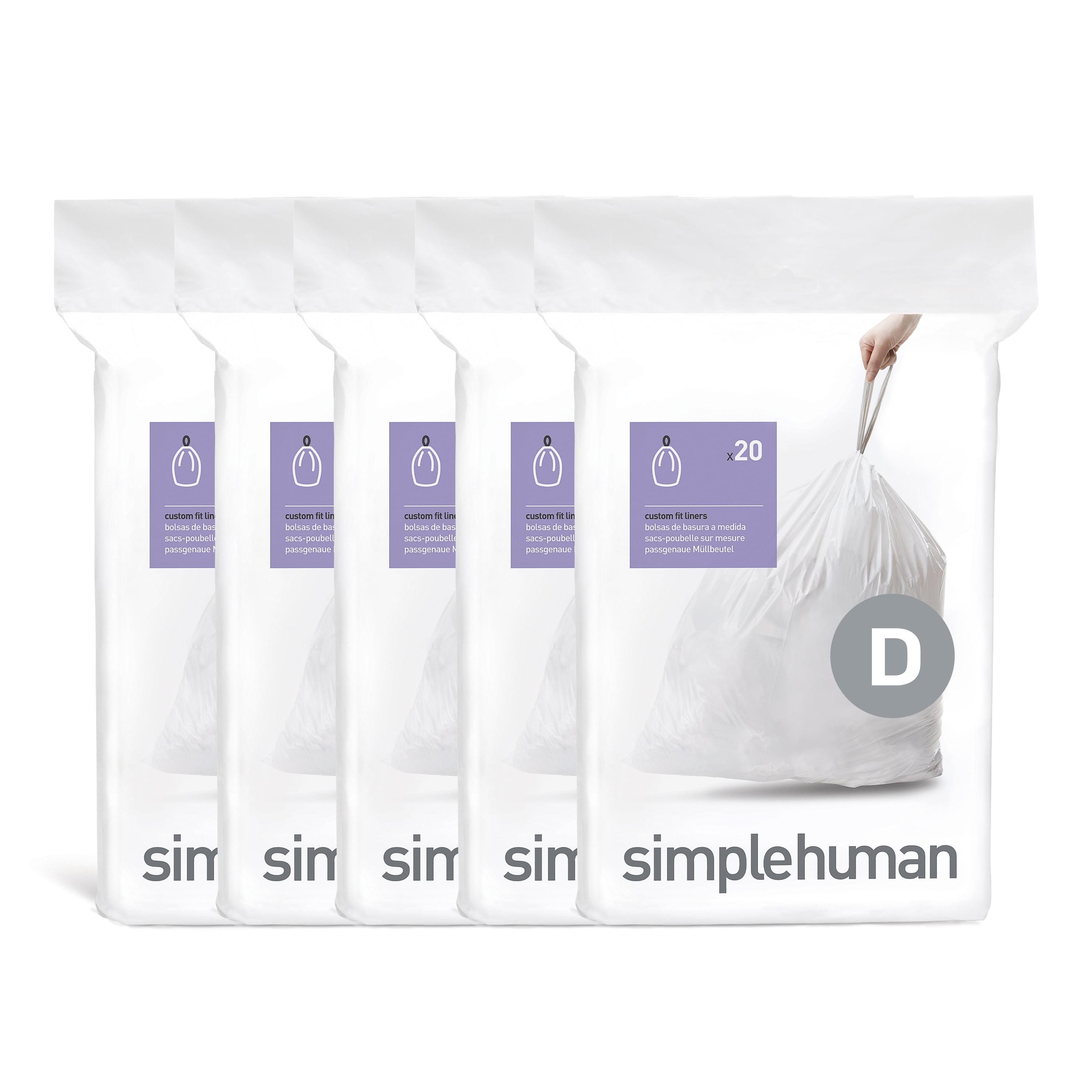 simplehuman 20L Code D Custom Fit Kitchen Trash Bag Liners 5 Quick-Dispense Packs - 100ct: Unscented, Drawstring, White