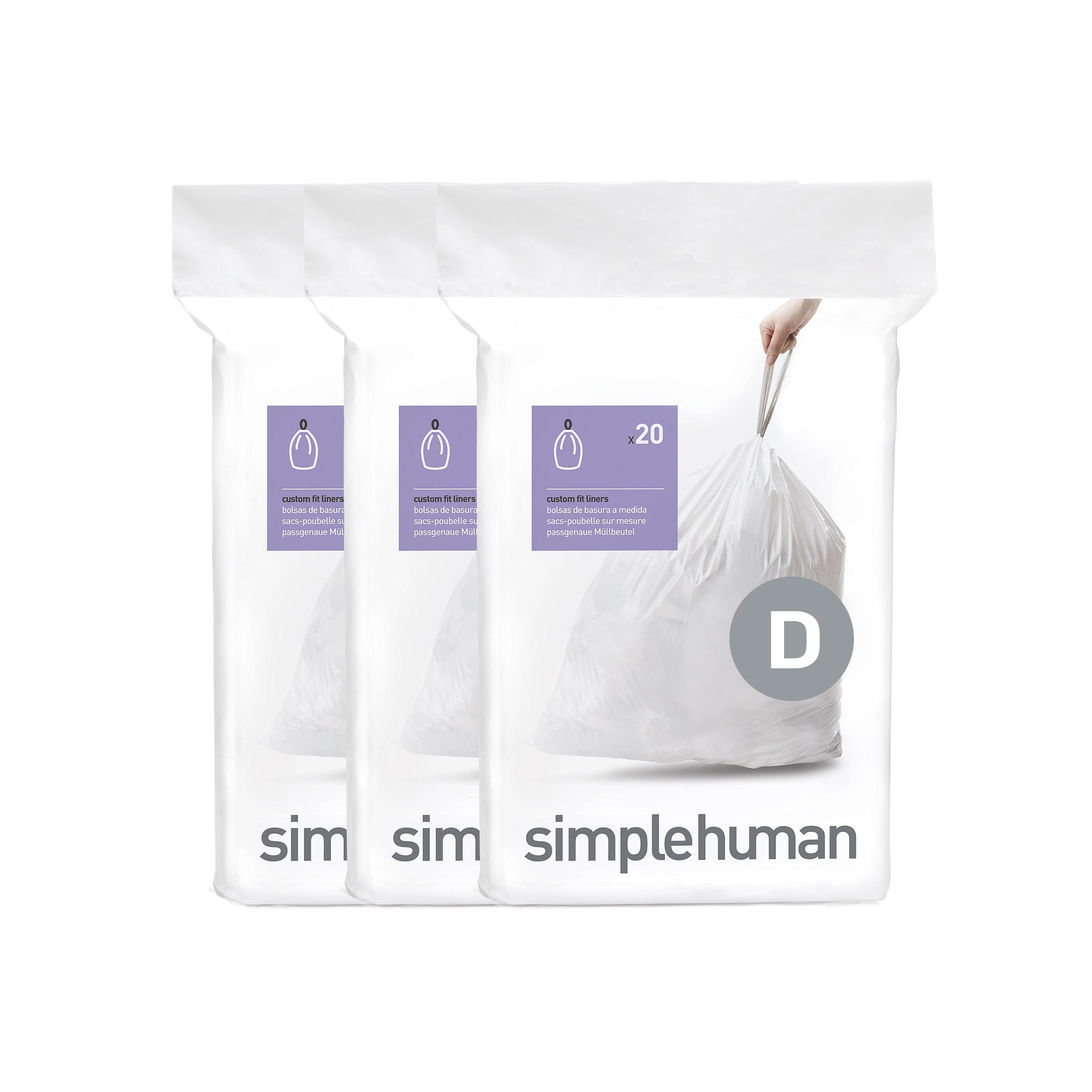 simplehuman 20L Code D Custom Fit Kitchen Trash Bag Liners 3 Quick Dispense Packs - 60ct: Tall Kitchen, Drawstring, White