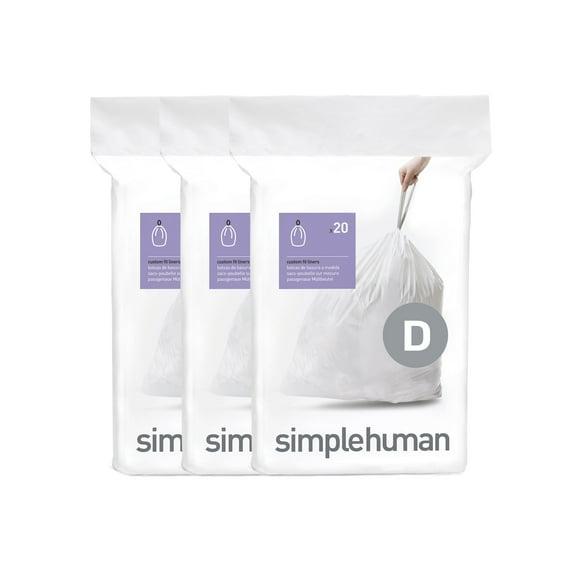simplehuman 20L Code D Custom Fit Kitchen Trash Bag Liners 3 Quick Dispense Packs - 60ct: Tall Kitchen, Drawstring, White