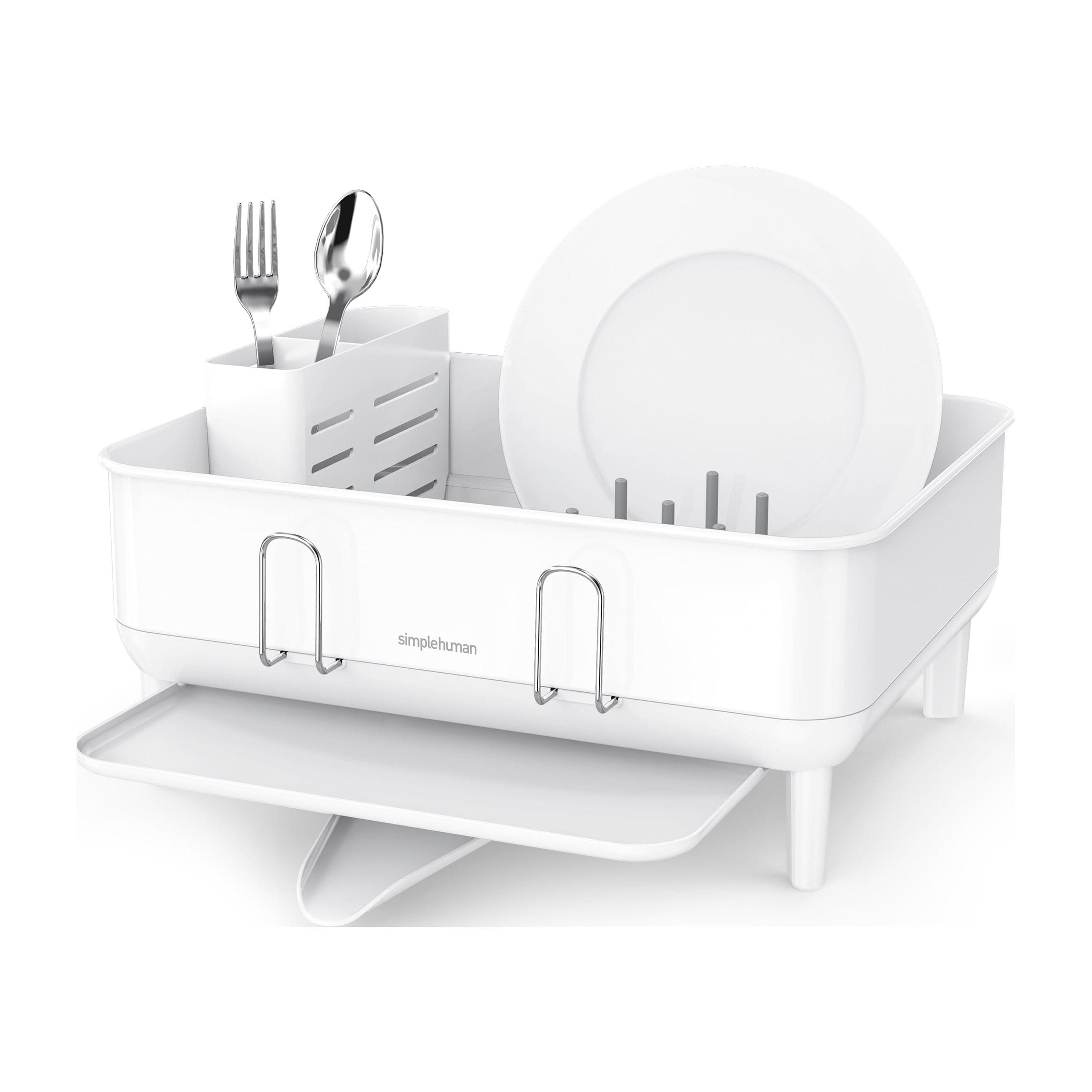 Compact White Steel Dish Drying Rack with Swivel Spout