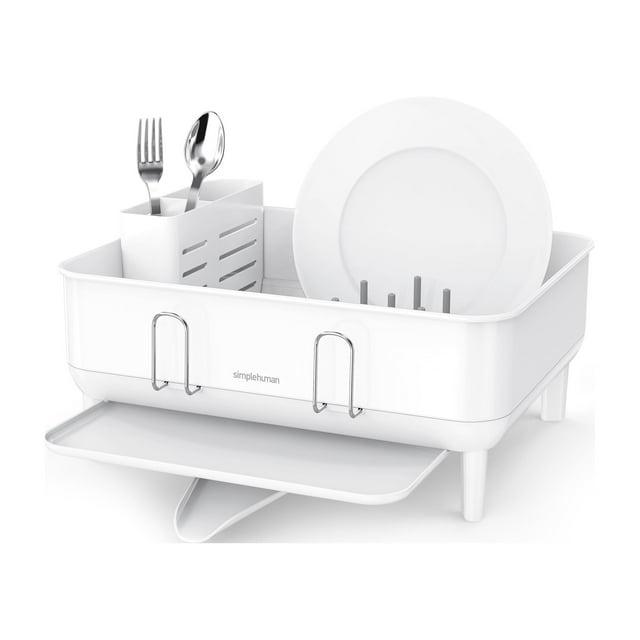 simplehuman Compact Kitchen Dish Drying Rack with Swivel Spout, Fingerprint-Proof Stainless Steel Frame