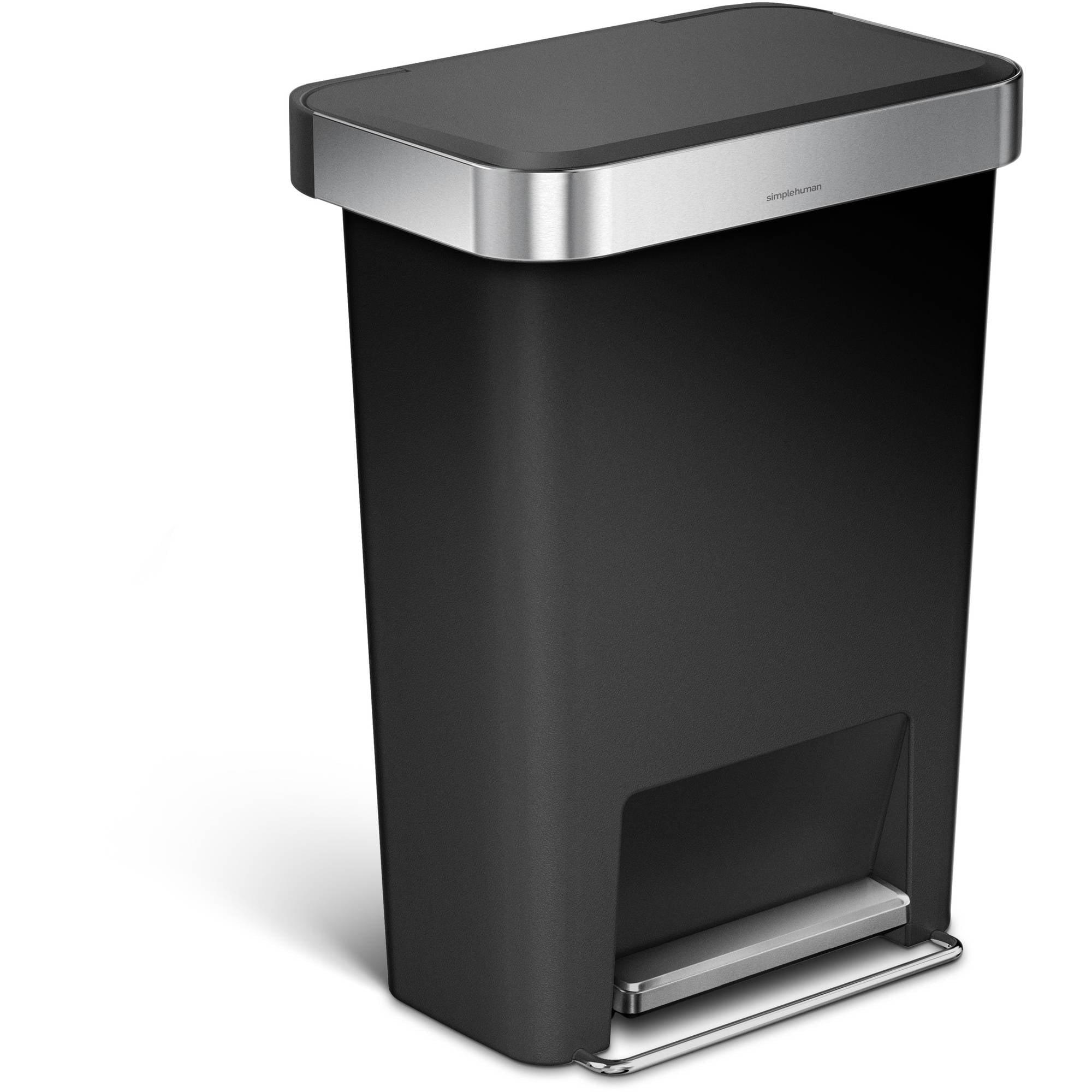 Simplehuman 45 Liter Rectangular Kitchen Trash Can with Liner Pocket, Black Plastic