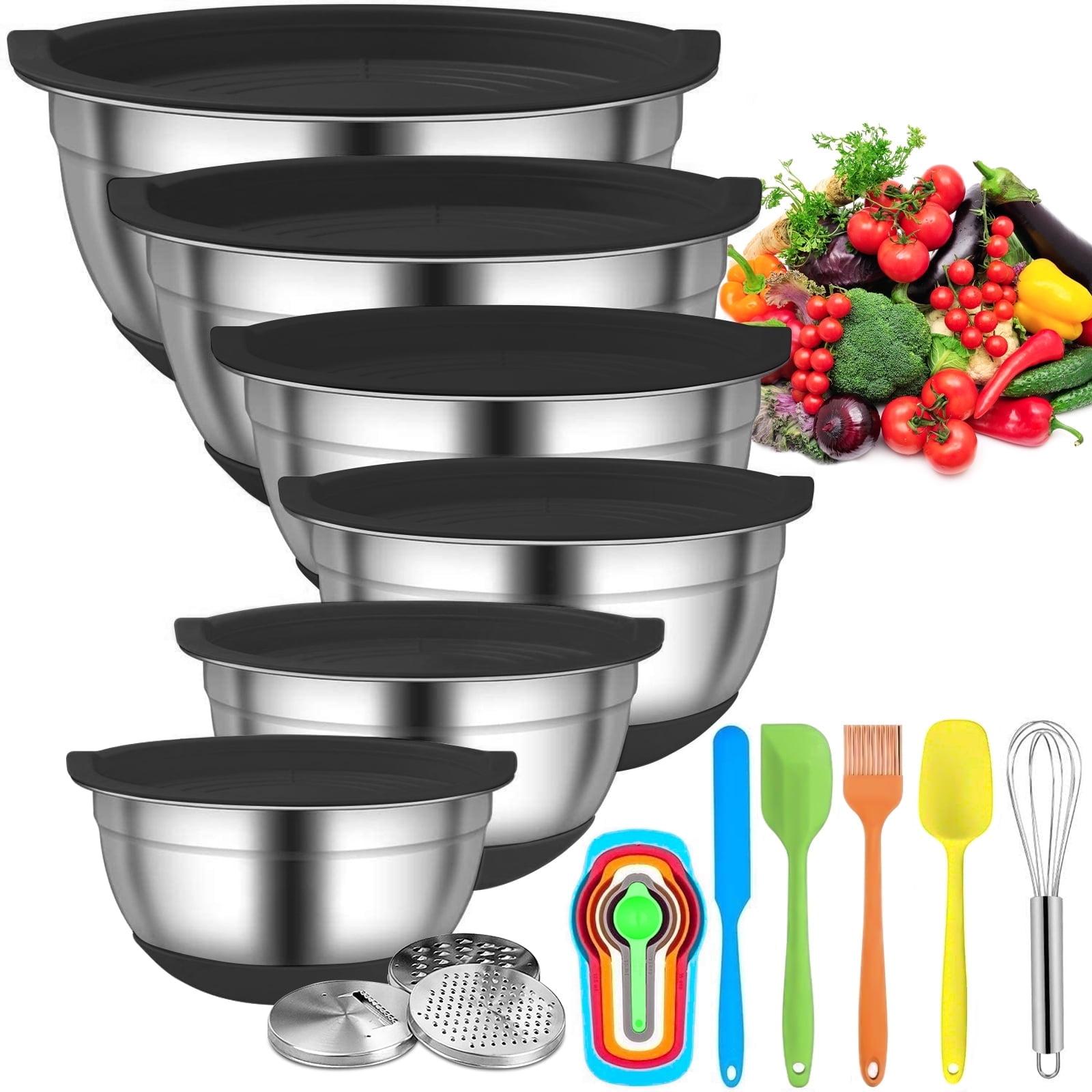 stusgo 6 Pcs Mixing Bowls with Lids,Stainless Steel Mixing Bowls with 3 Grater Attachments,Non-Slip Bottoms,Kitchen Utensils,Mixing Bowl Set for Kitchen Mixing Baking Prepping Cooking Serving,Black