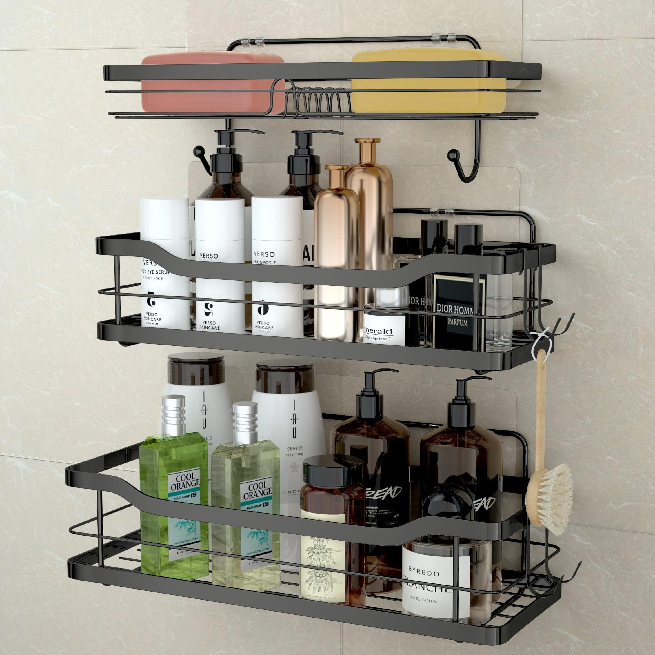 Black Stainless Steel Adhesive Shower Caddy with Hooks