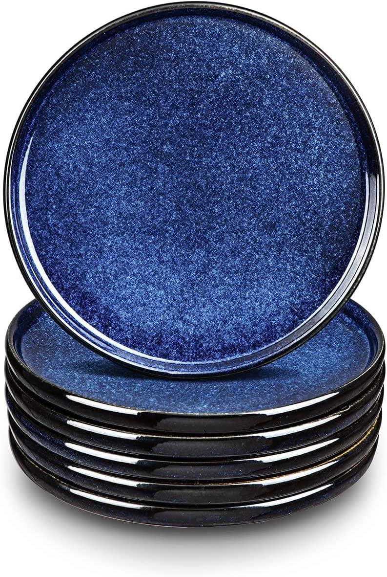 vicrays Juego de Platos de Ensalada de Cerámica - Plato de Snack de Postre Plano de Porcelana de 8 Pulgadas para el Almuerzo en Casa, Restaurante - Apto para Horno Microondas y Lavavajillas Resistente a Rayones - Juego de 6 (Azul)