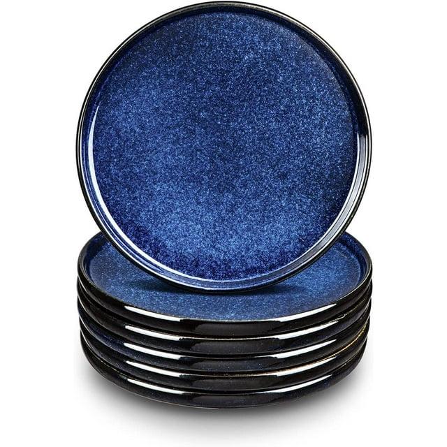 vicrays Juego de Platos de Ensalada de Cerámica - Plato de Snack de Postre Plano de Porcelana de 8 Pulgadas para el Almuerzo en Casa, Restaurante - Apto para Horno Microondas y Lavavajillas Resistente a Rayones - Juego de 6 (Azul)