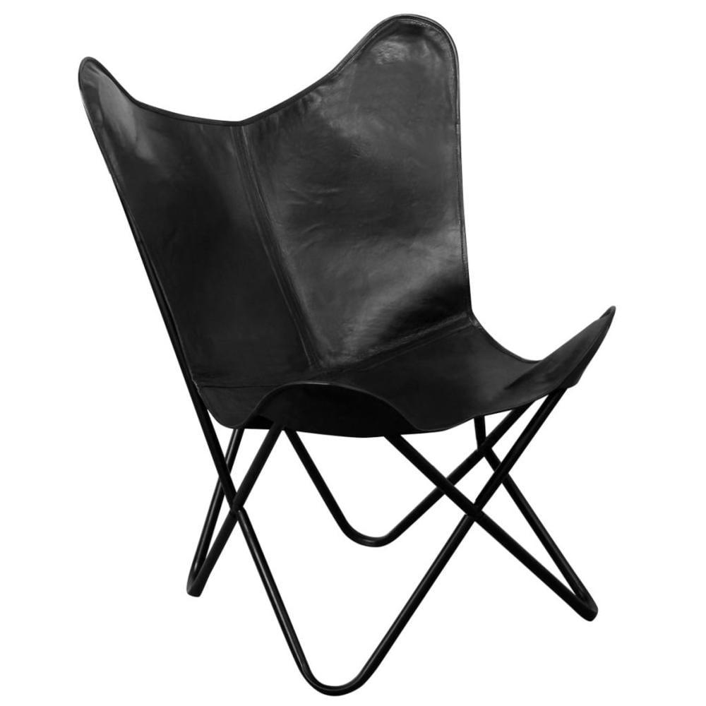 Black Handcrafted Leather Butterfly Chair with Metal Frame