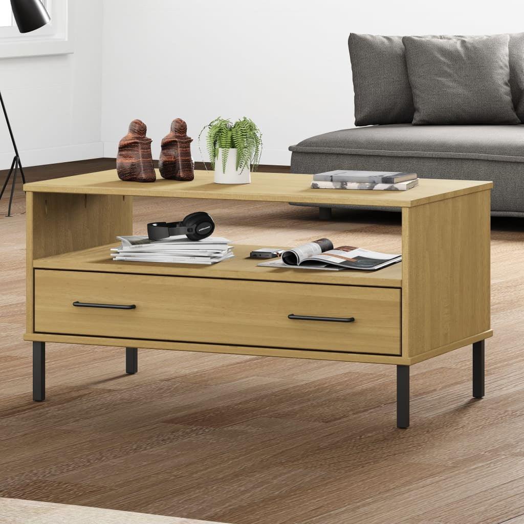 vidaXL Solid Pine Wood Coffee Table with Metal Legs and Drawer, Durable Living Room Table, Elegant Design, Easy Assembly, 33.5"x19.7"x17.7", Brown