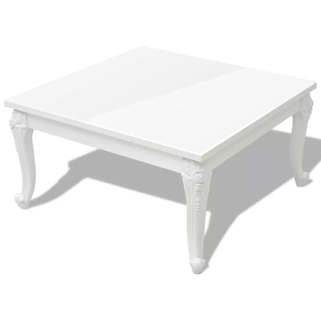 Elegant Square High Gloss White Coffee Table with Wood-Inspired Carving