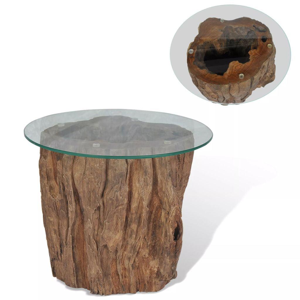 Teak and Glass Round Coffee Table with Natural Base