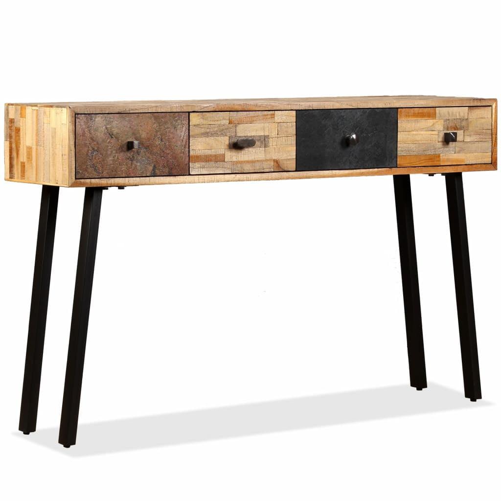 Reclaimed Teak and Black Metal Console Table with Storage Drawers